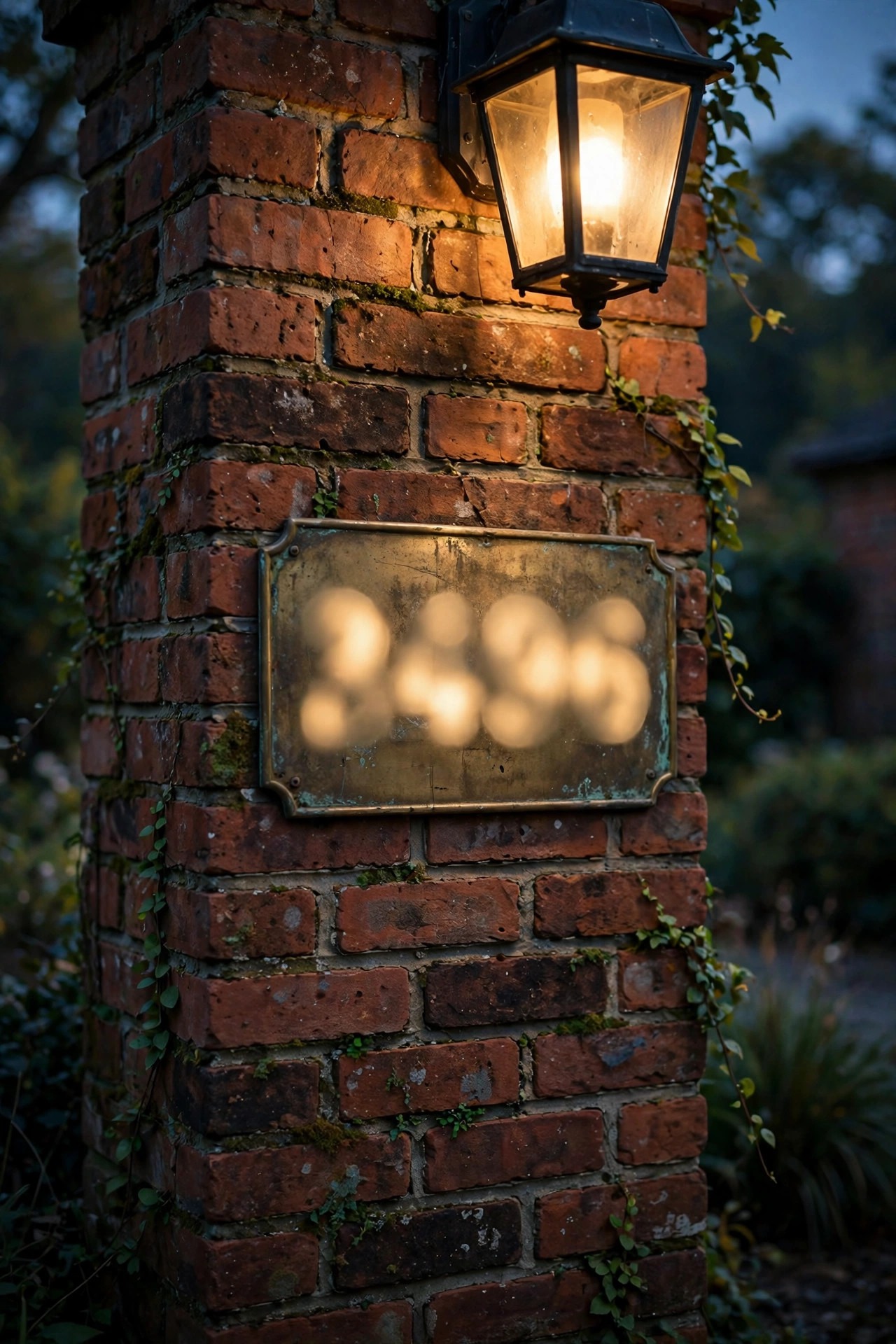 Aged brass house numbers on a brick colonial pillar softly lit by warm lantern glow at dusk
