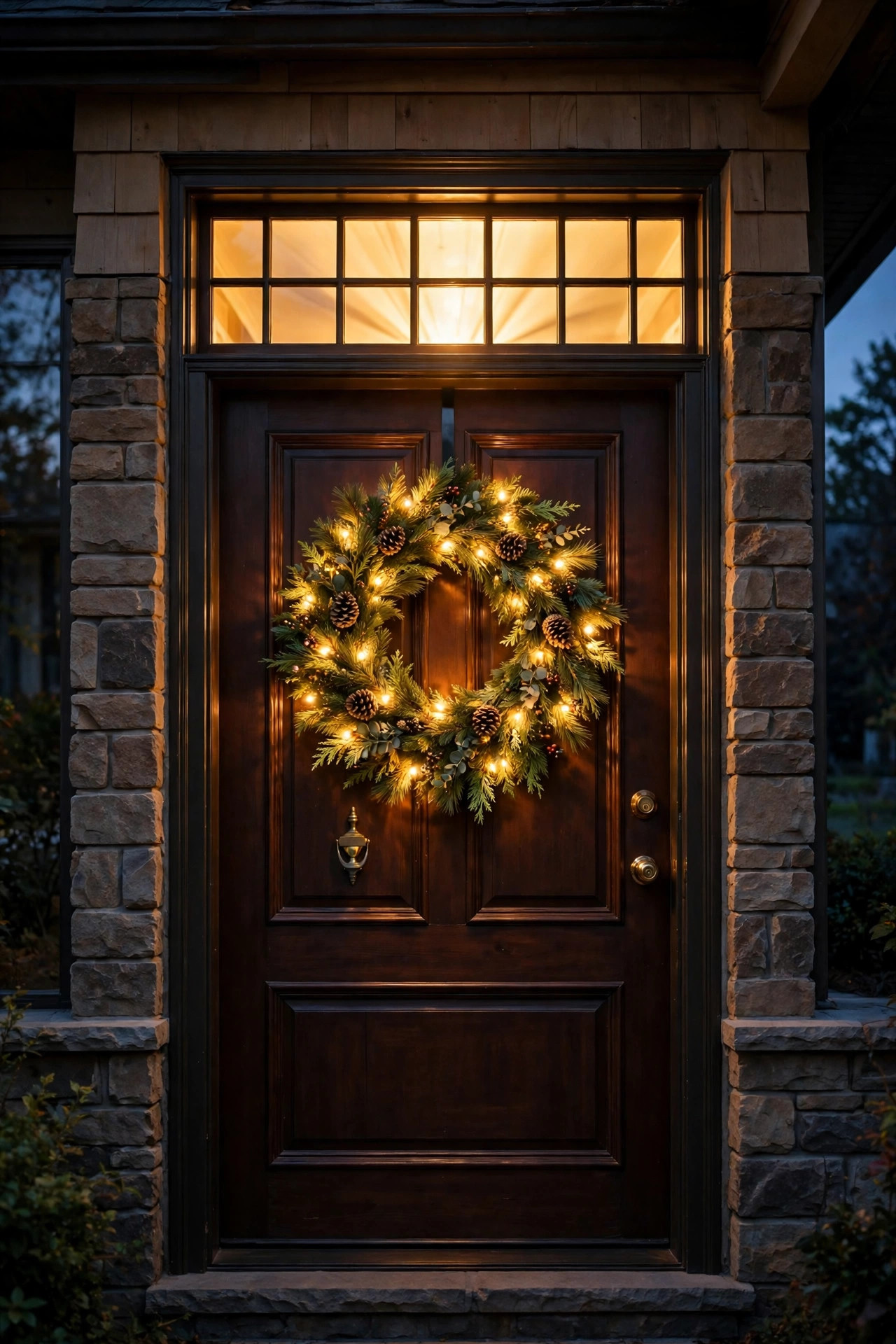 Pre-lit wreath centered on a front door beneath a glowing transom window