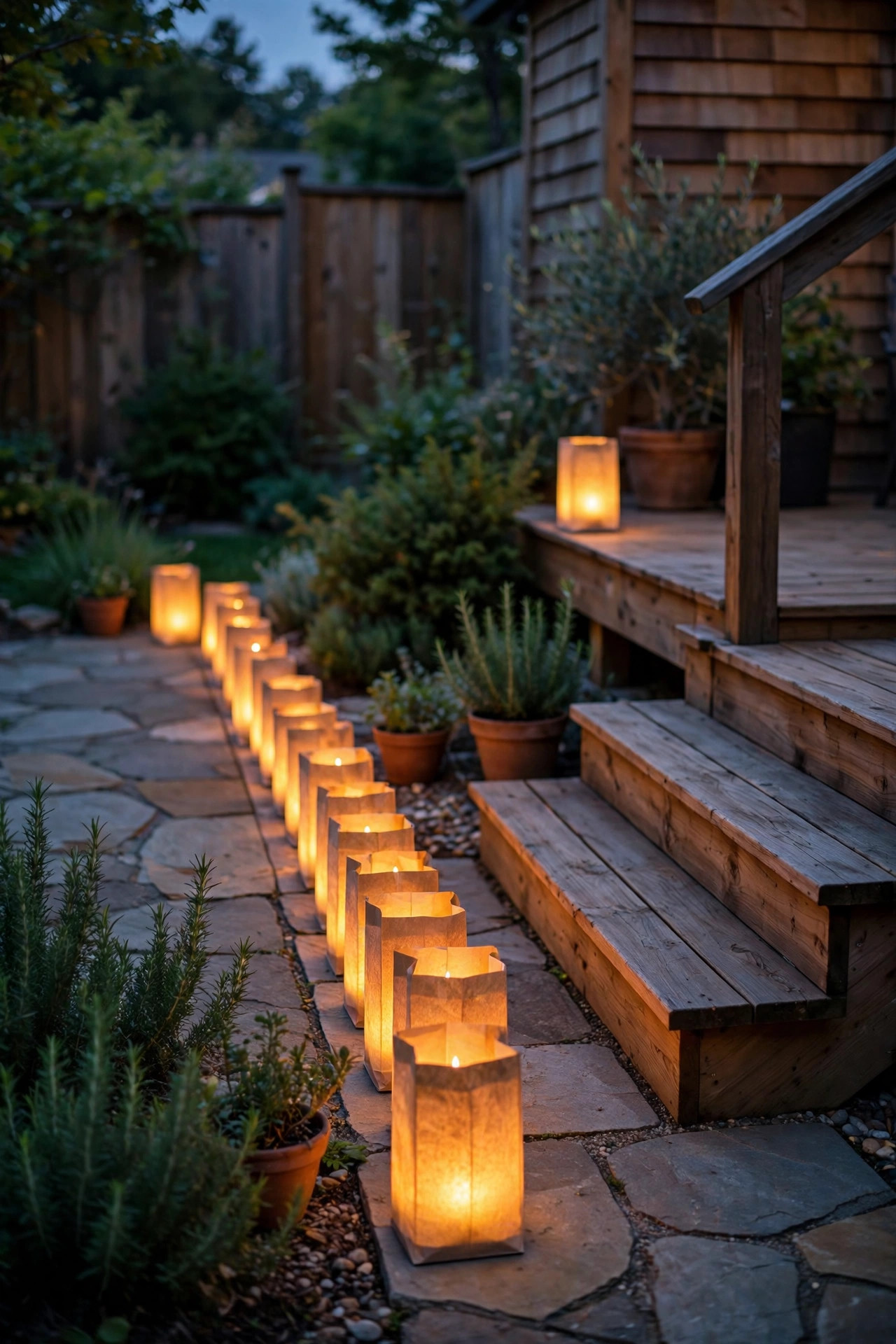 A row of glowing luminarias lining the edge of a backyard patio beside deck steps
