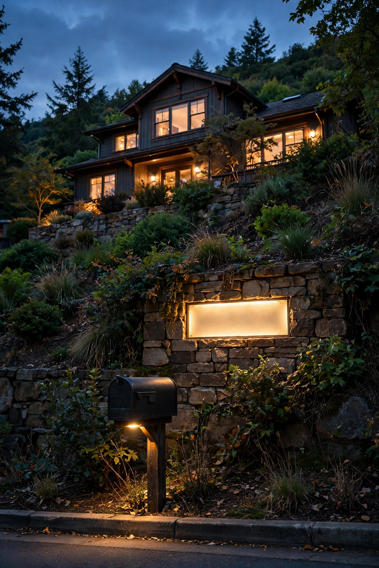 Illuminated house numbers and a softly lit mailbox at the street below a hillside home