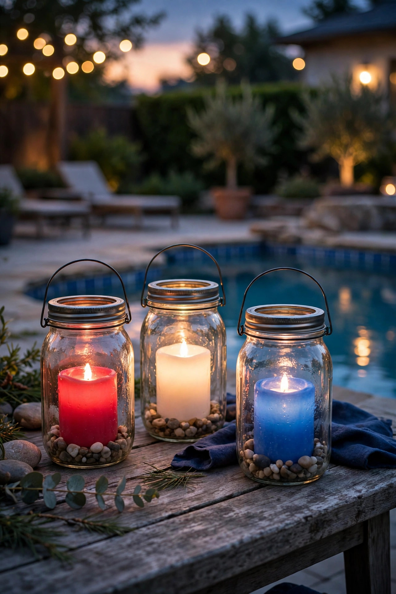 Mason jar lanterns with red white and blue flameless candles glowing on a patio table beside a pool at dusk