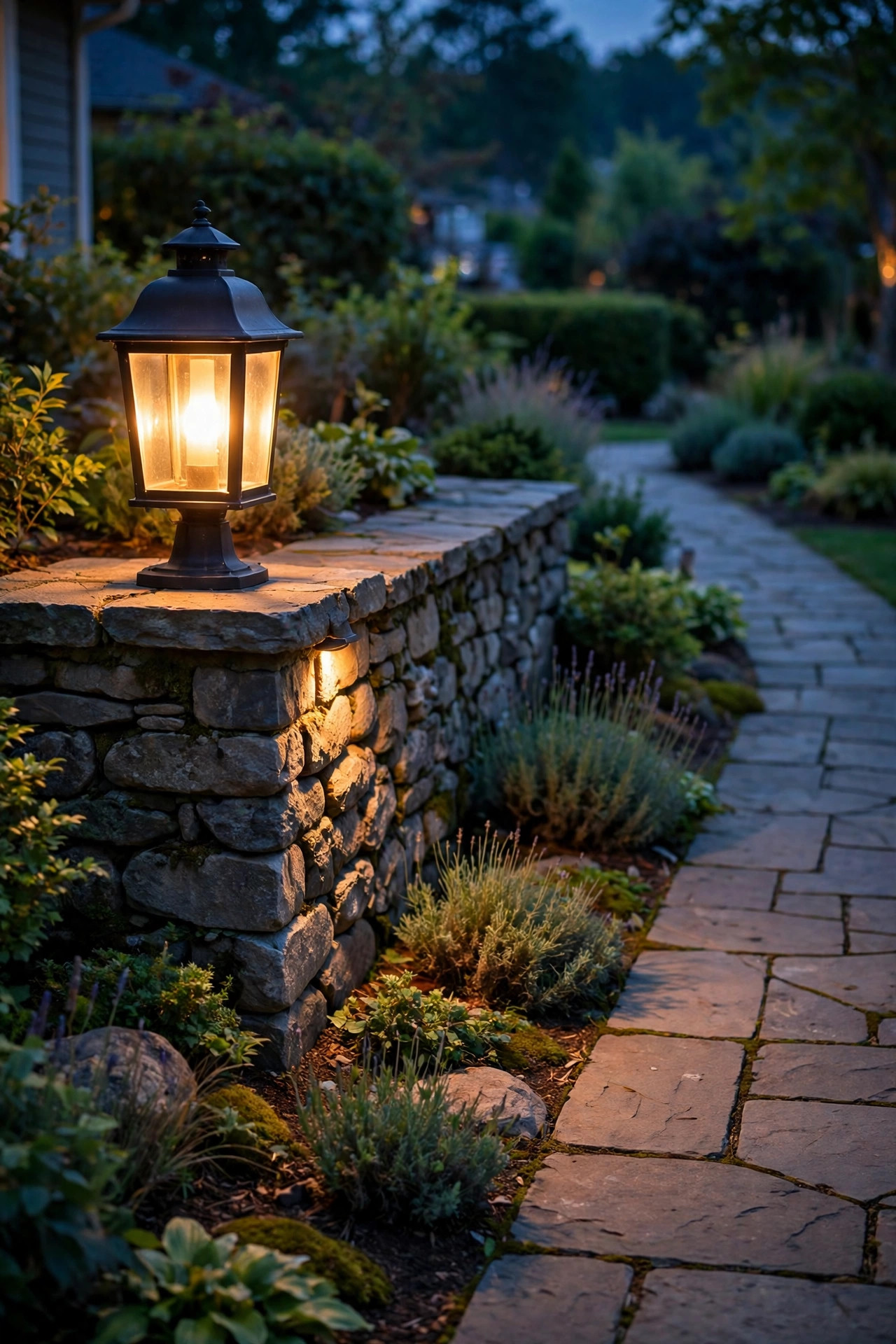 Pier-mount lantern glowing on a low stone garden wall beside a front walkway at dusk
