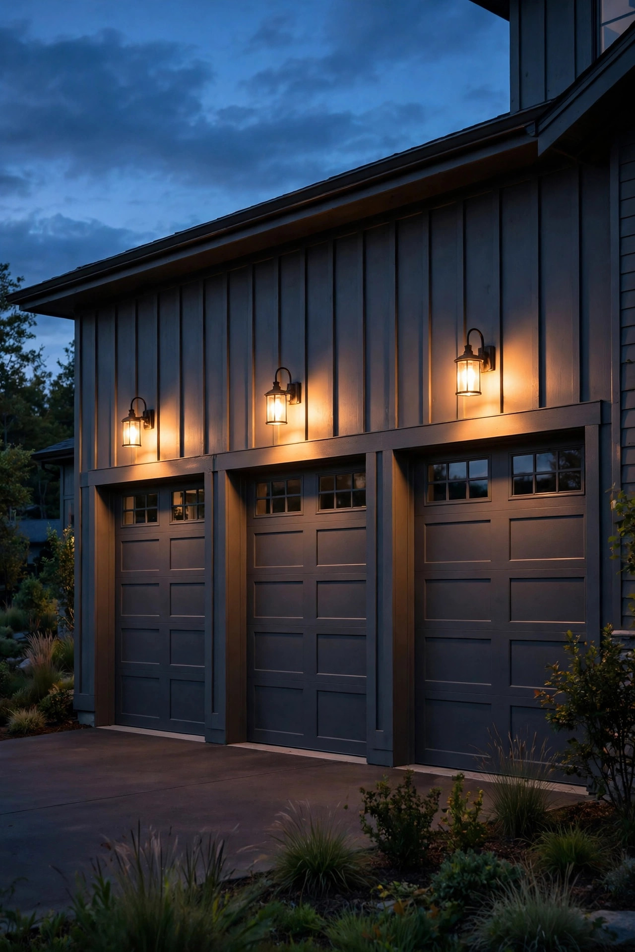 Row of garage fixtures all glowing the same warm 2700K color temperature across a wide facade