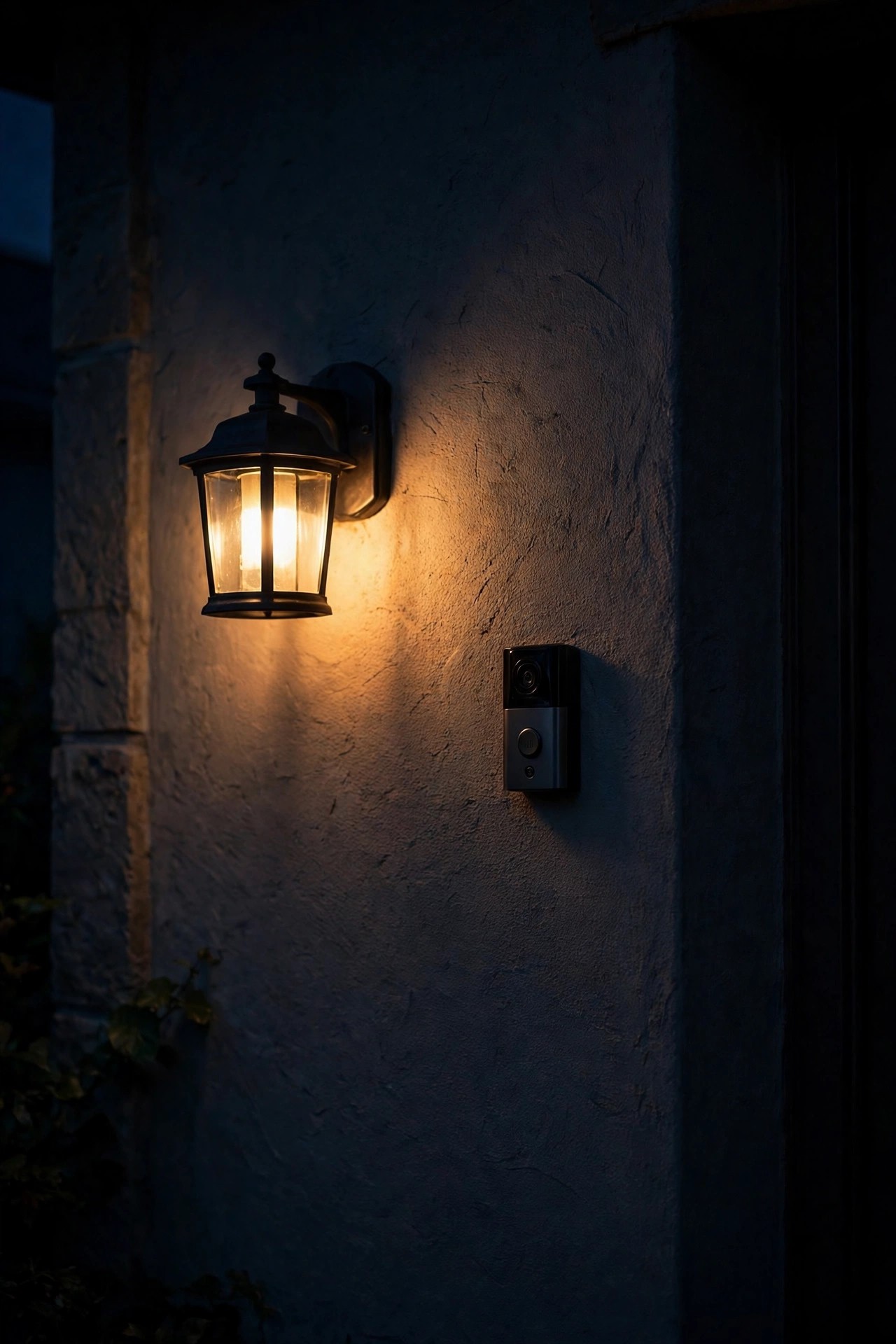 Small lantern sconce glowing beside a front doorbell to balance the entry lighting at night