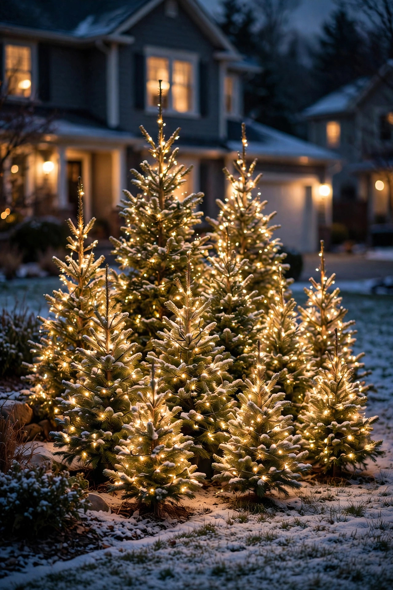Cluster of small lit Christmas trees at staggered heights in a front yard at night