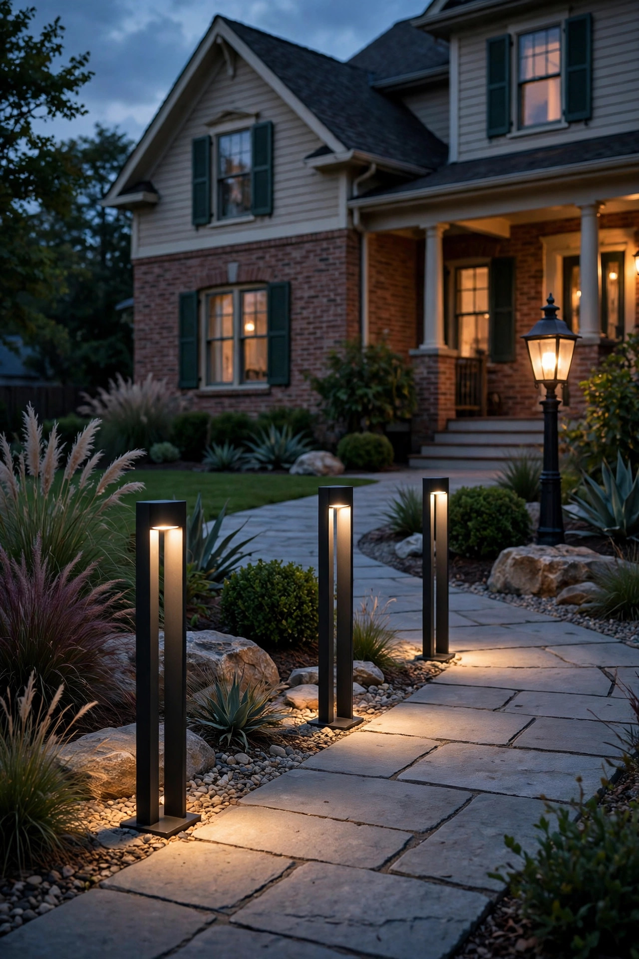 Sleek modern bollard lights in a contemporary front yard at dusk contrasted with a classic lantern post light on a traditional home