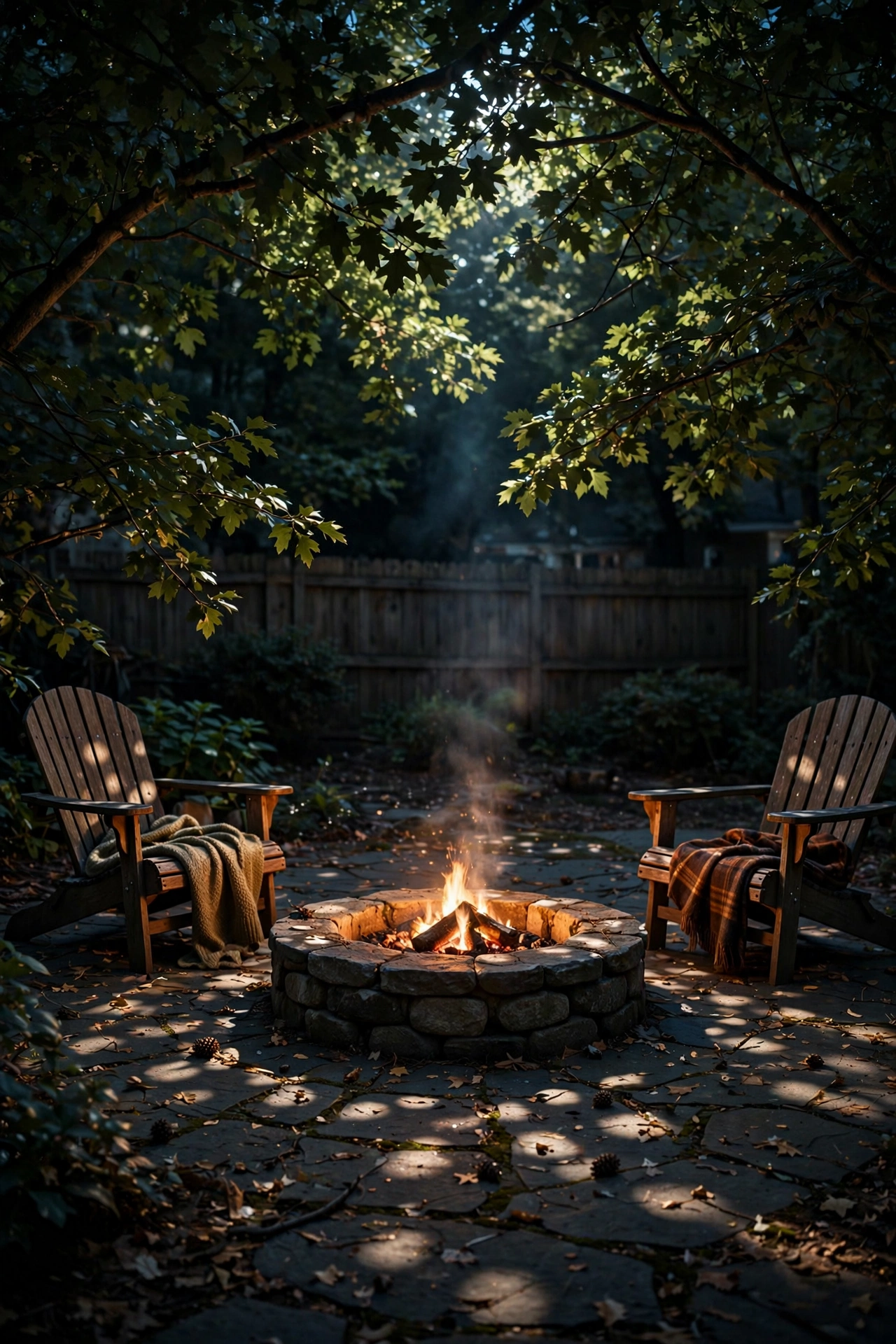 Dappled moonlight-effect downlight shining through tree branches over a fire pit area