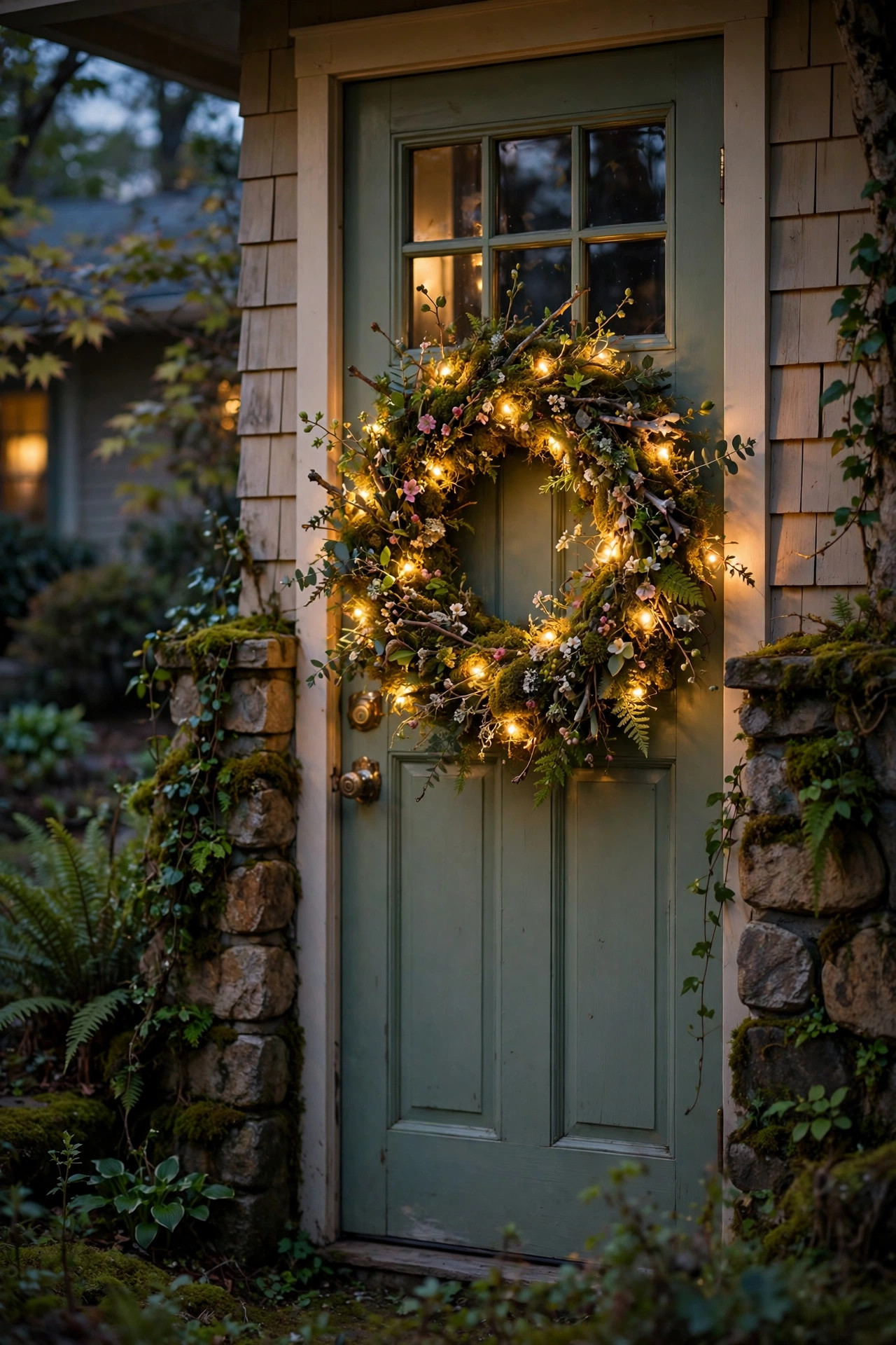 Moss-covered spring wreath with warm fairy lights for a woodland look on a side door
