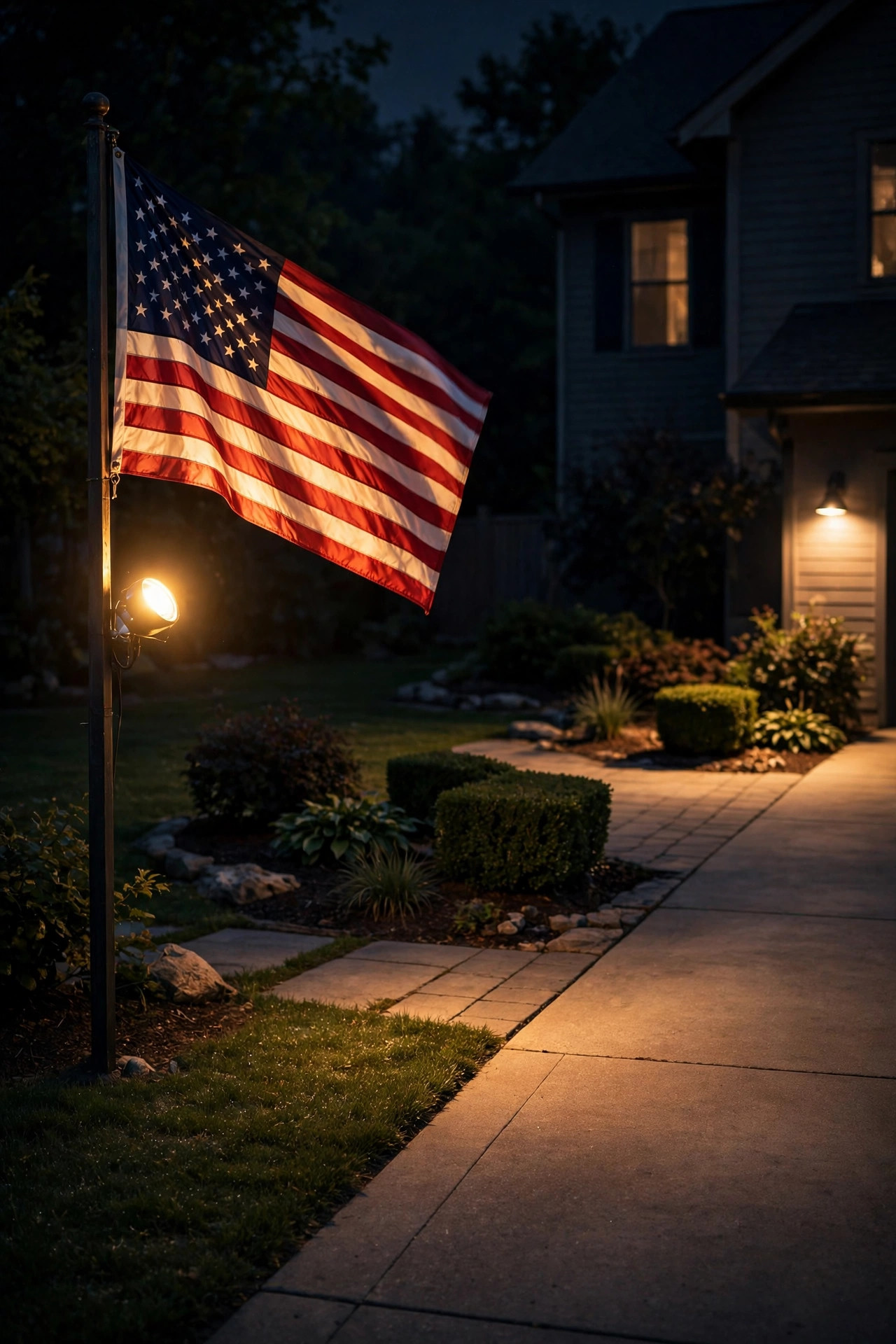 American flag steadily lit at night in a driveway-side yard, soft security light brightening the path below