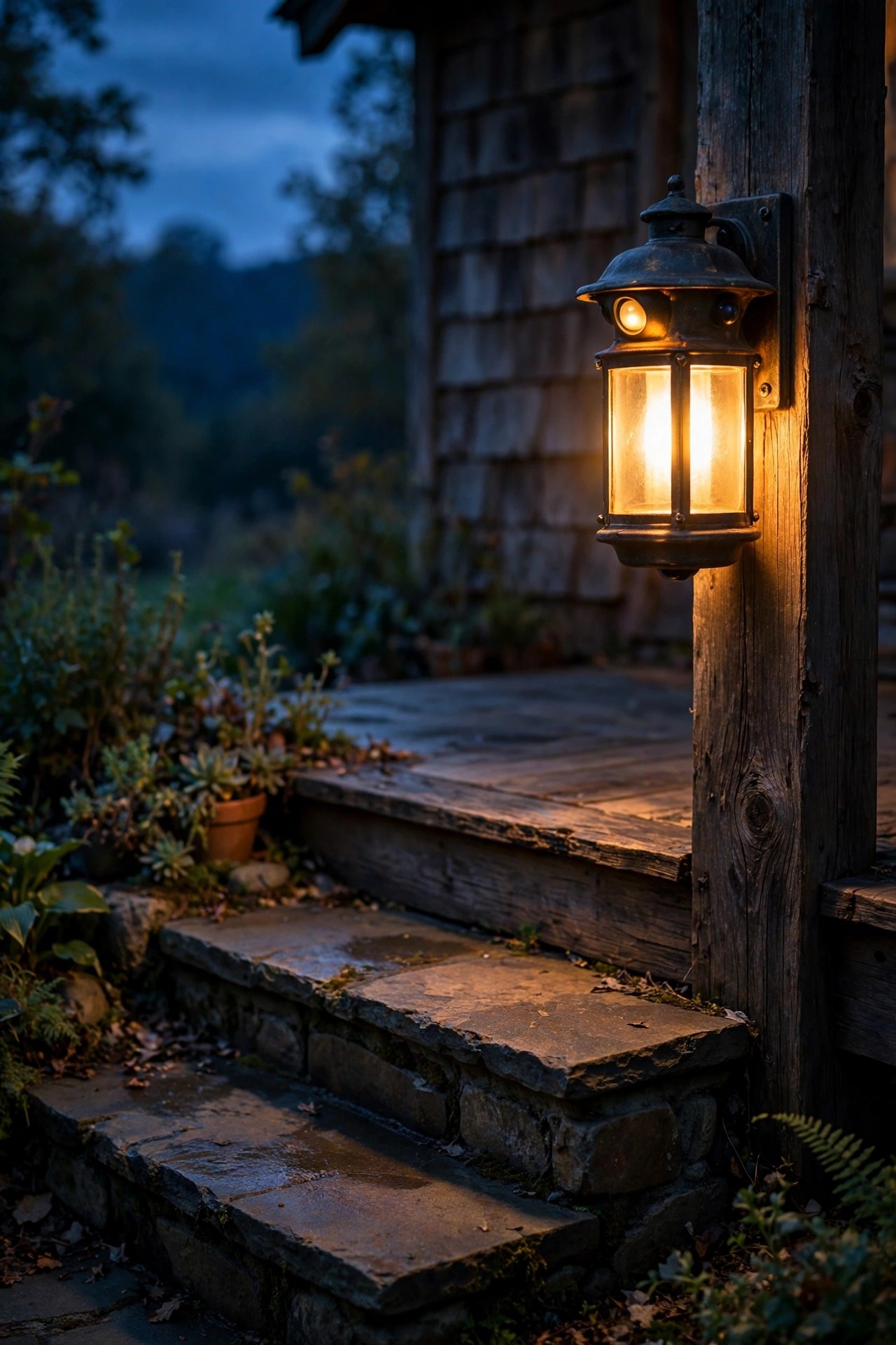 Rustic motion sensor lantern glowing beside porch steps as evening settles