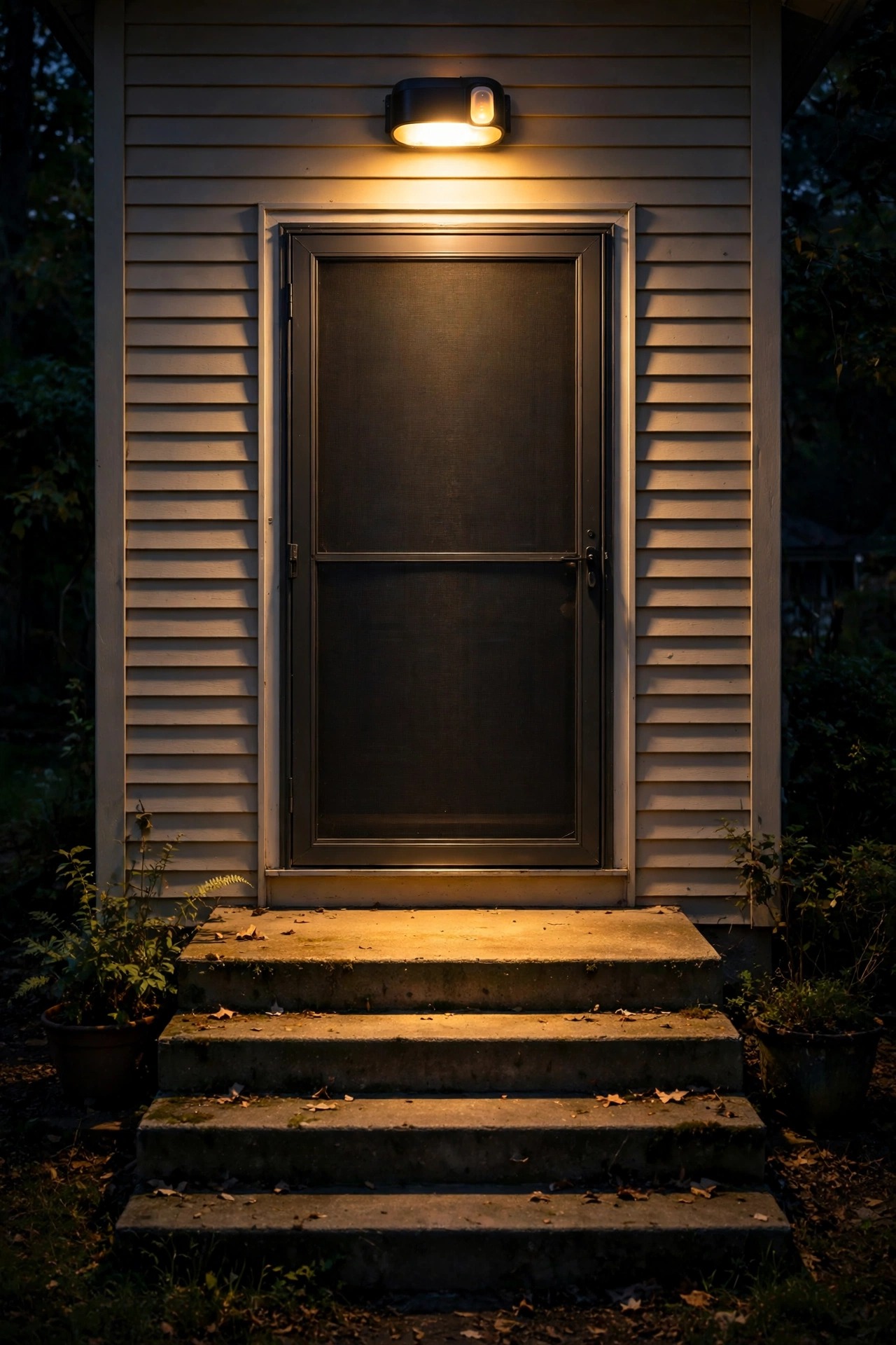 Motion sensor light glowing above the outside of a screen door, lighting the porch steps at night