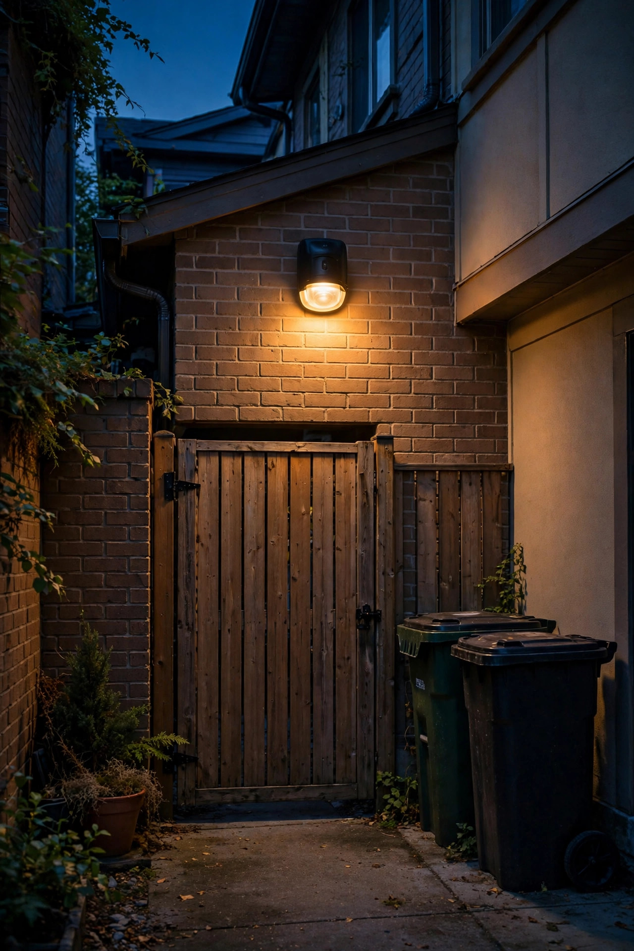 Shielded motion sensor light glowing above a townhome side gate and trash bin area at night