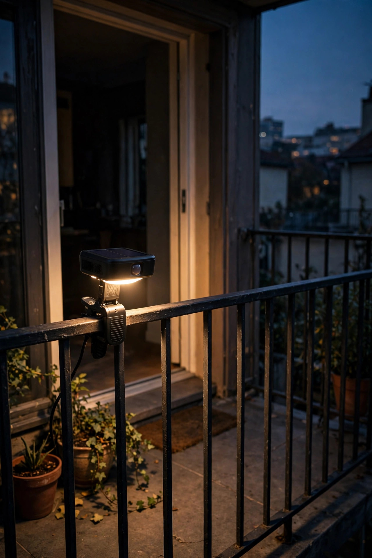 Motion-sensor solar light clipped to a balcony railing brightening the doorway area of a balcony at night