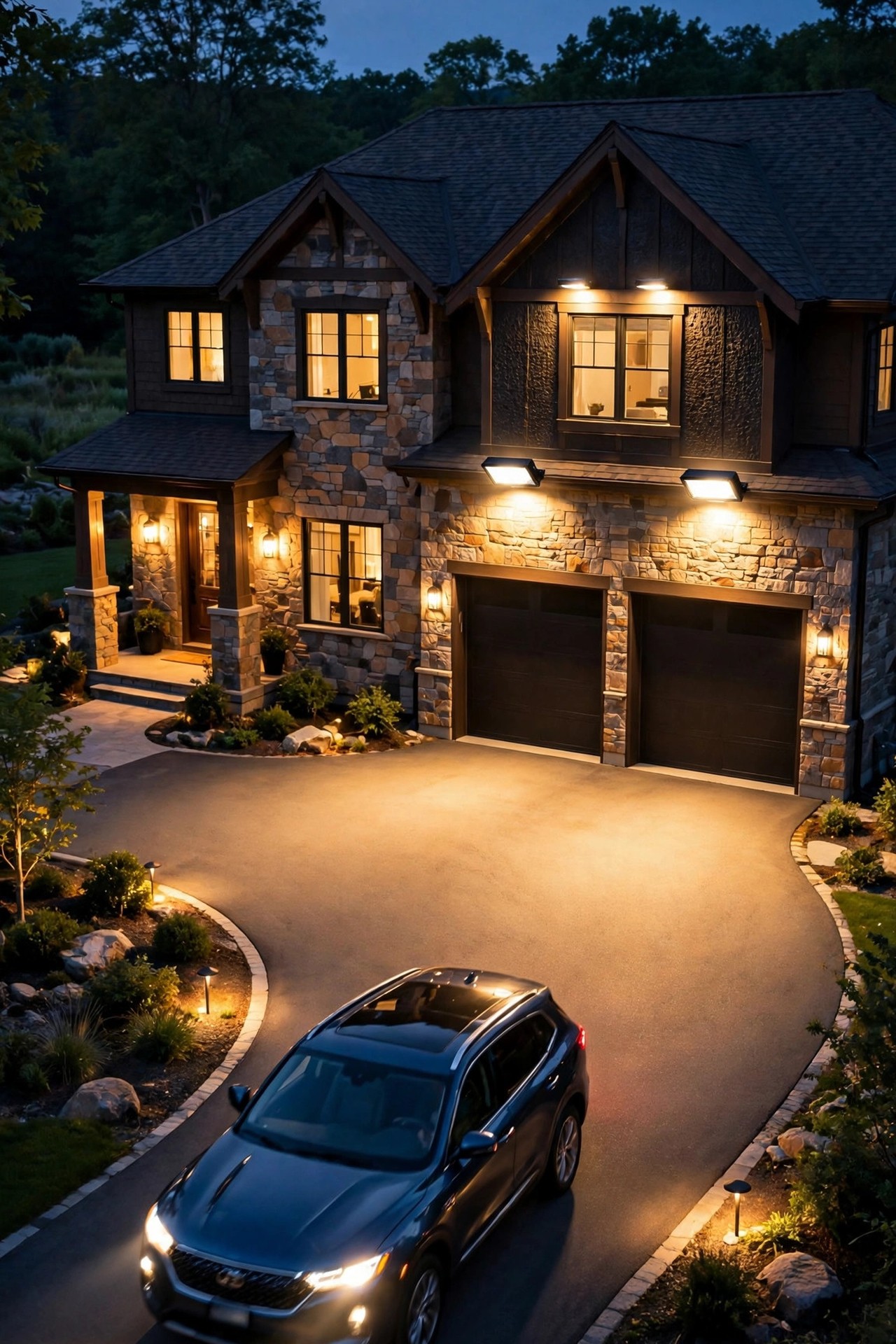 Circular driveway brightening under warm motion-activated flood lights as a car arrives home at night