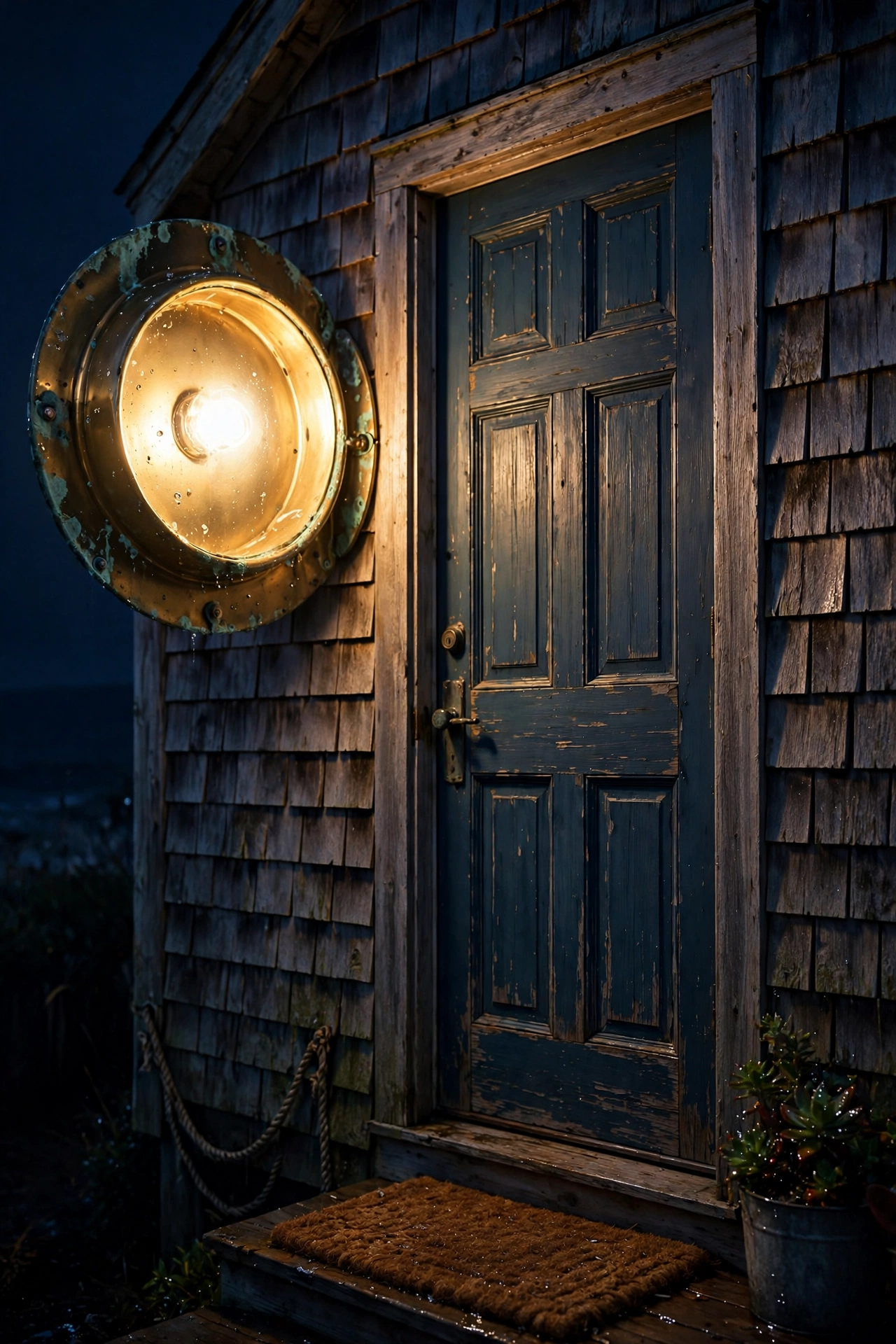 Round brass nautical bulkhead light glowing beside a coastal side door at night