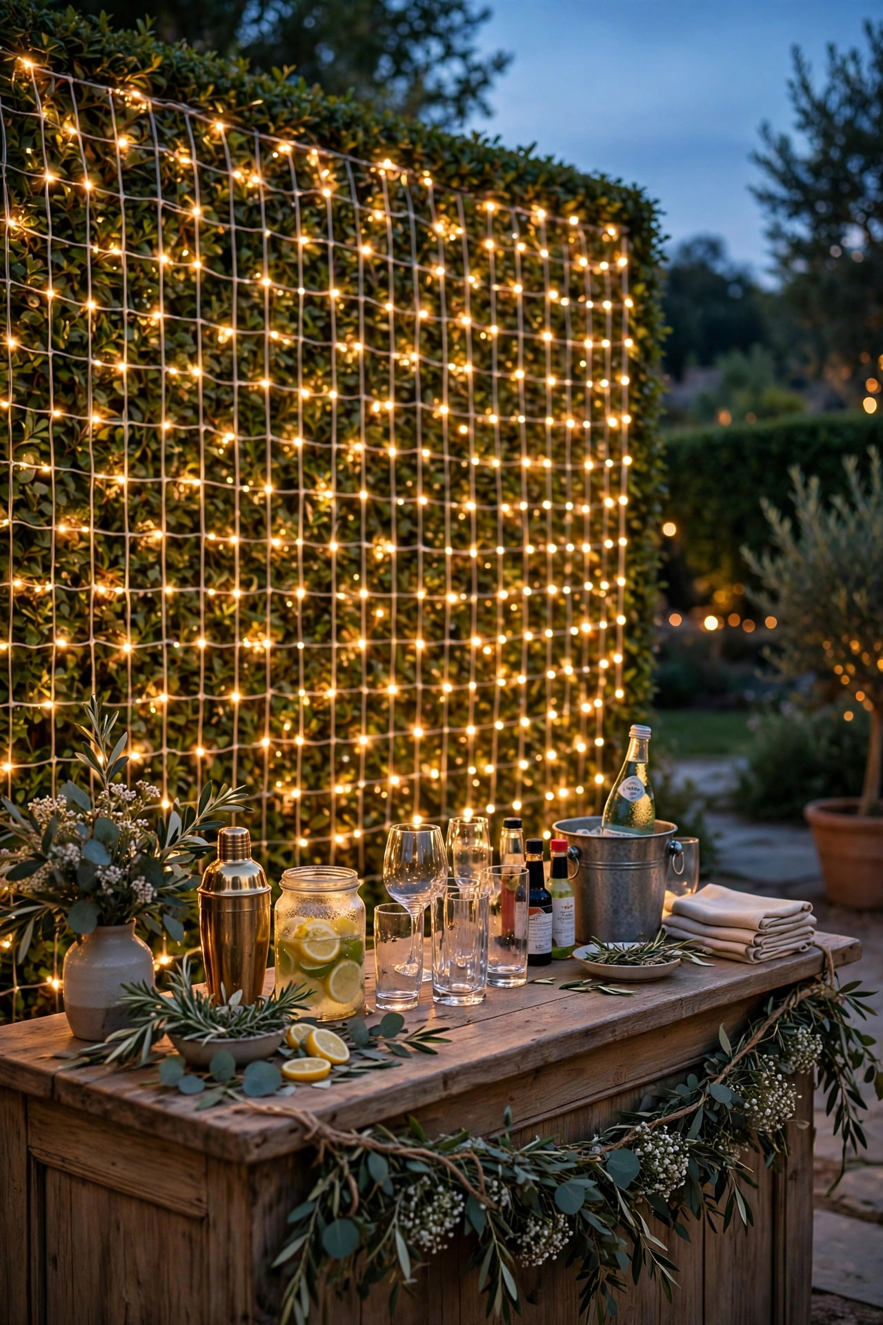 Net lights draped over a hedge creating an even wall of warm twinkling light behind a wedding bar