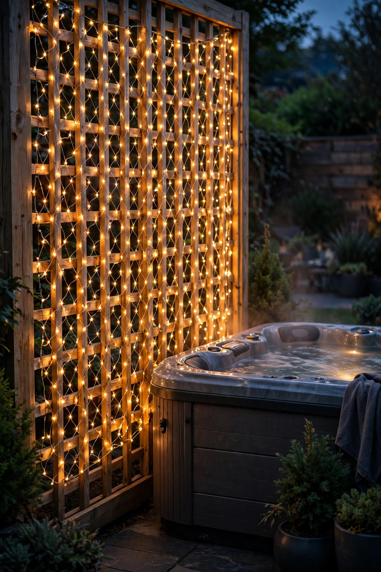 Trellis panel beside a hot tub draped with warm net lights glowing like a starfield through the wooden slats at night