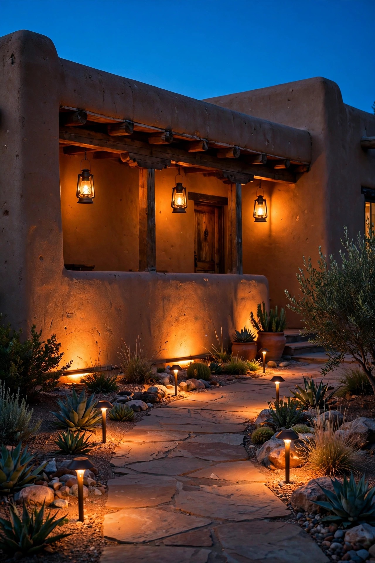 Front yard scene at dusk where every light source glows the same warm amber temperature, unifying lanterns, path lights and wall wash on an adobe home