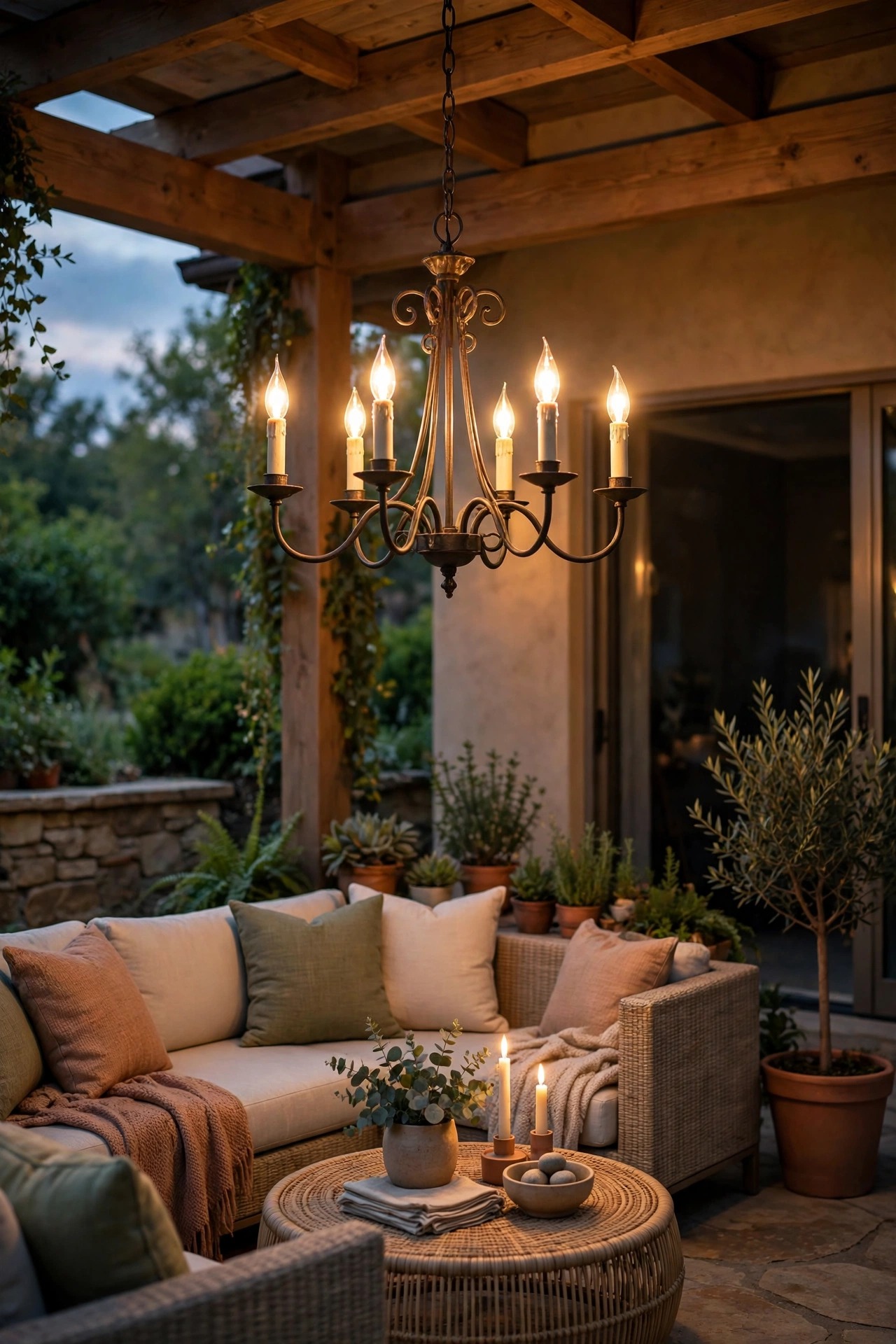 Outdoor chandelier with candle-style LED bulbs glowing over a covered patio conversation area