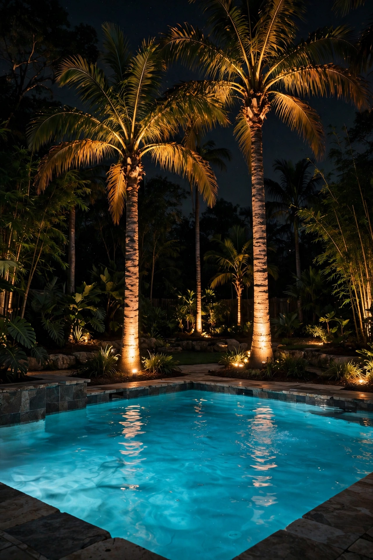 Palm trees dramatically uplight around a glowing pool at night