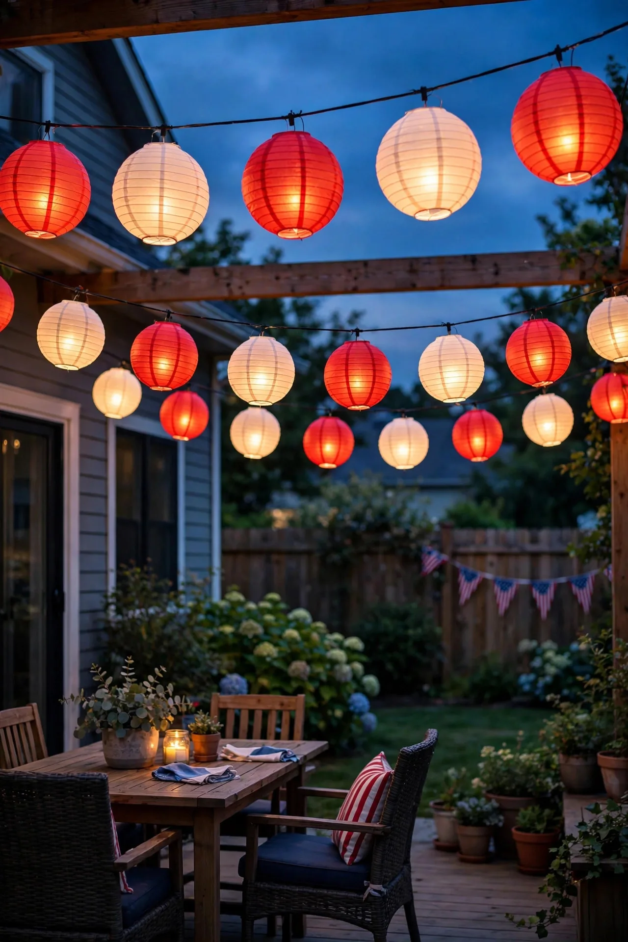 Red and white paper lanterns glowing on a string over a patio for Fourth of July