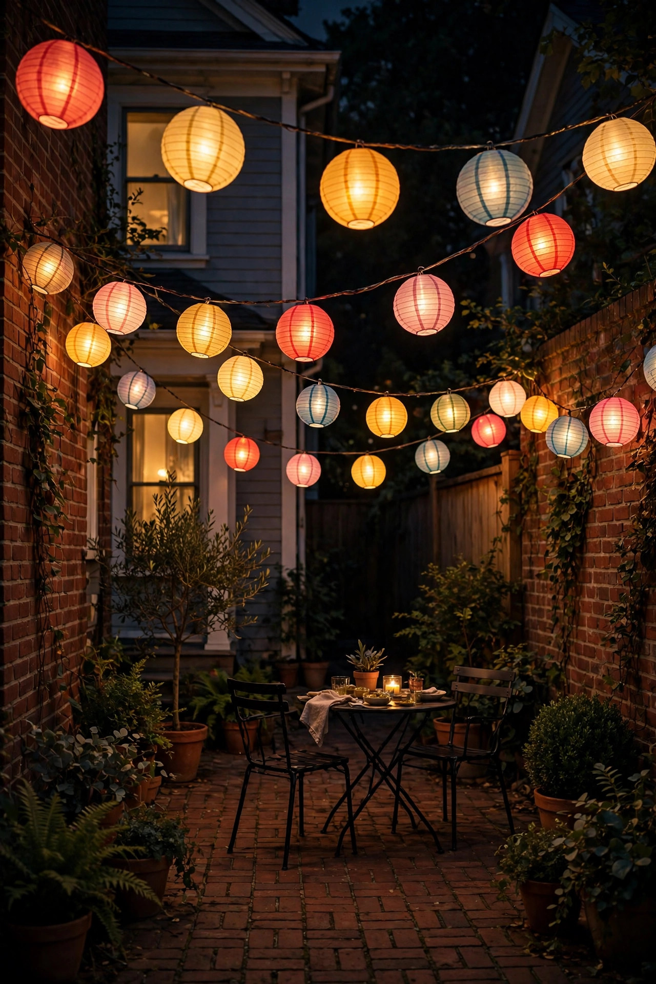 Glowing paper-style lanterns strung across a courtyard at night