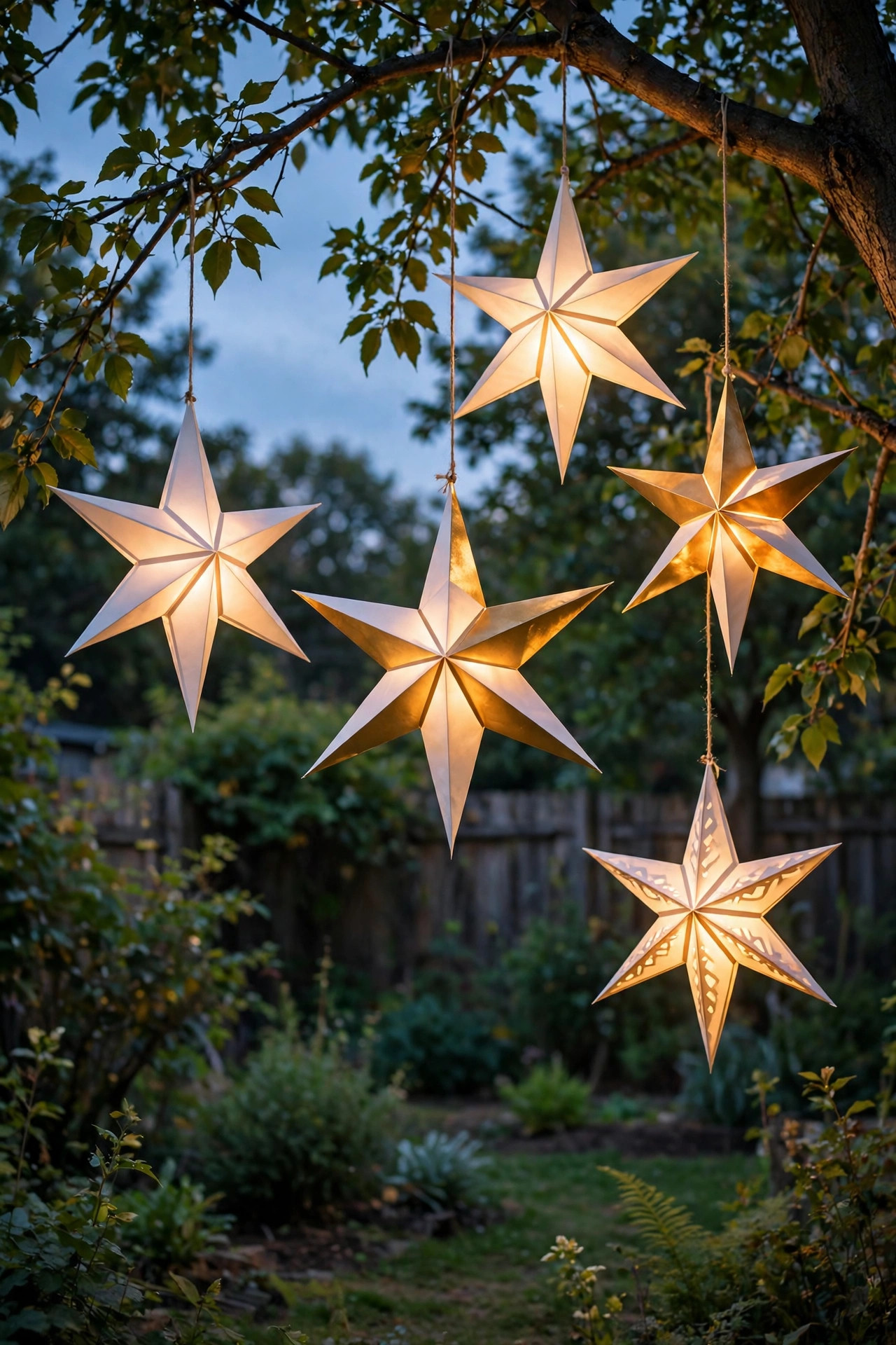 White and gold paper star lanterns glowing as they hang from tree branches in a backyard at dusk