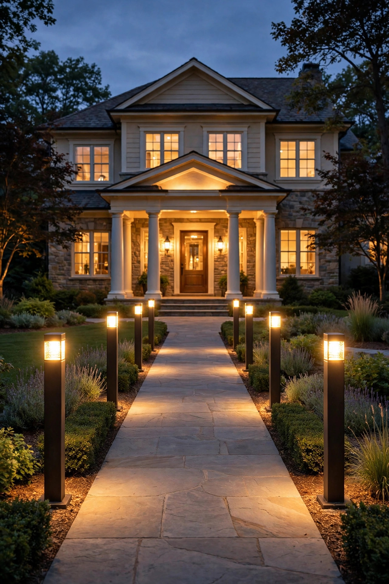 Tall bollard path lights in symmetrical pairs leading along a walkway toward a lit two-story portico