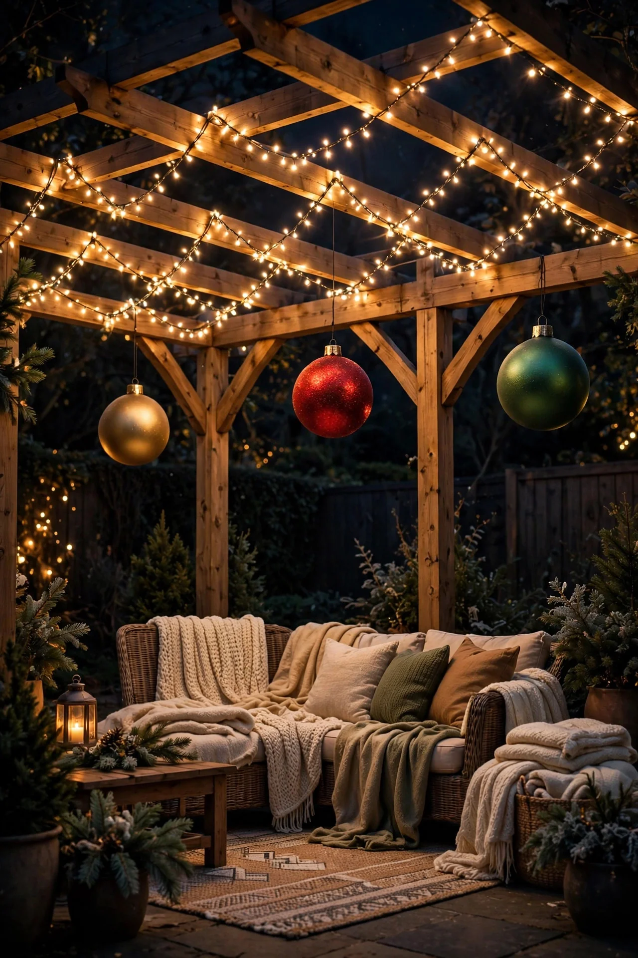 Pergola draped in a zigzag canopy of warm Christmas string lights over a patio at night