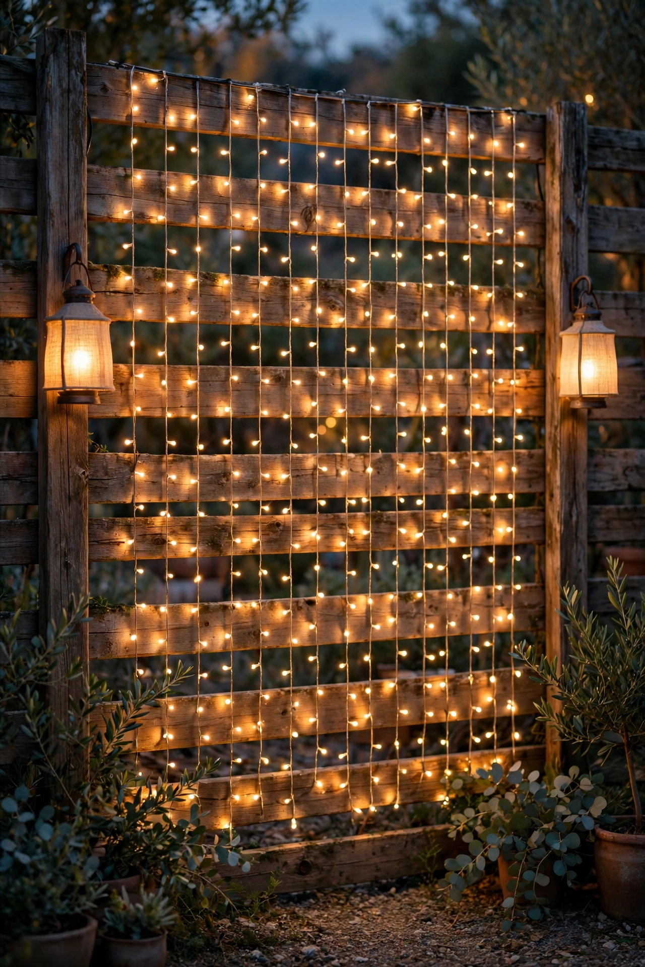 Party photo backdrop made of curtain string lights against a fence with two soft lanterns at face height on each side