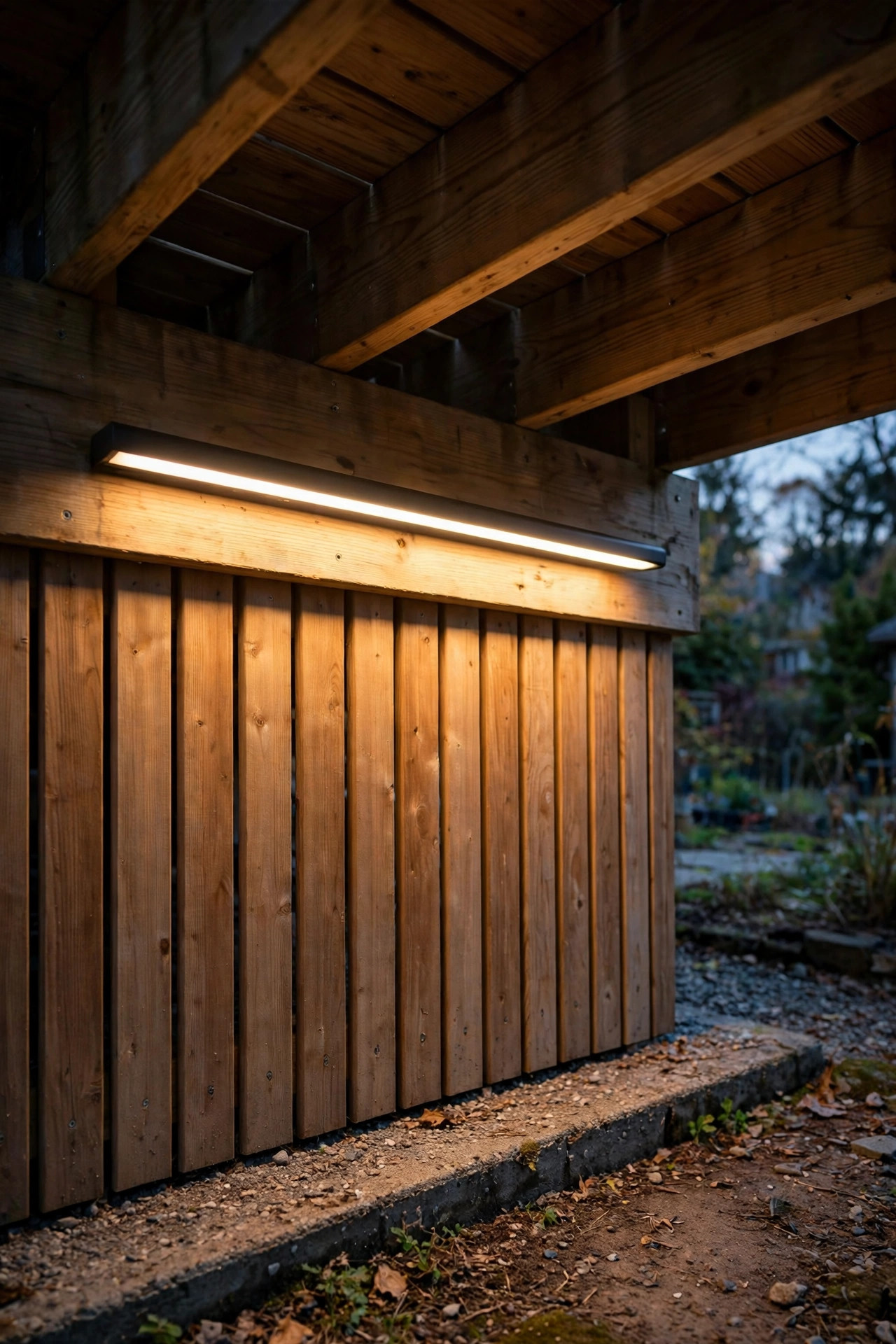 Slim light bar under a deck rim joist washing short skirting with even warm light