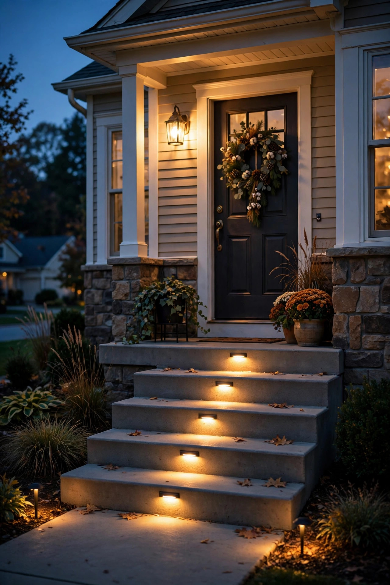 Dusk to dawn photocell porch step lighting glowing automatically as evening falls
