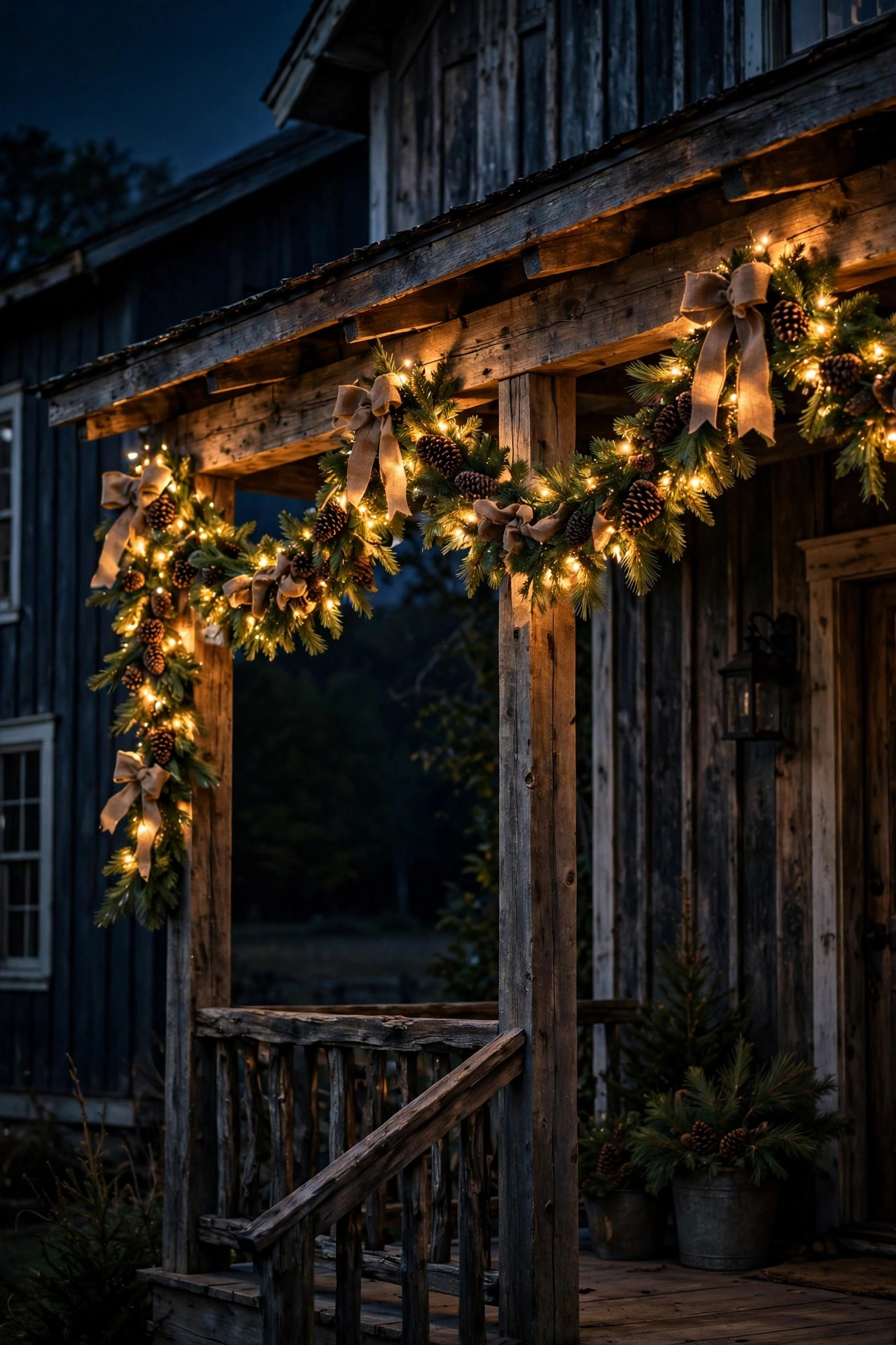 Rustic pinecone pre-lit garland with burlap bows glowing on a porch beam at night