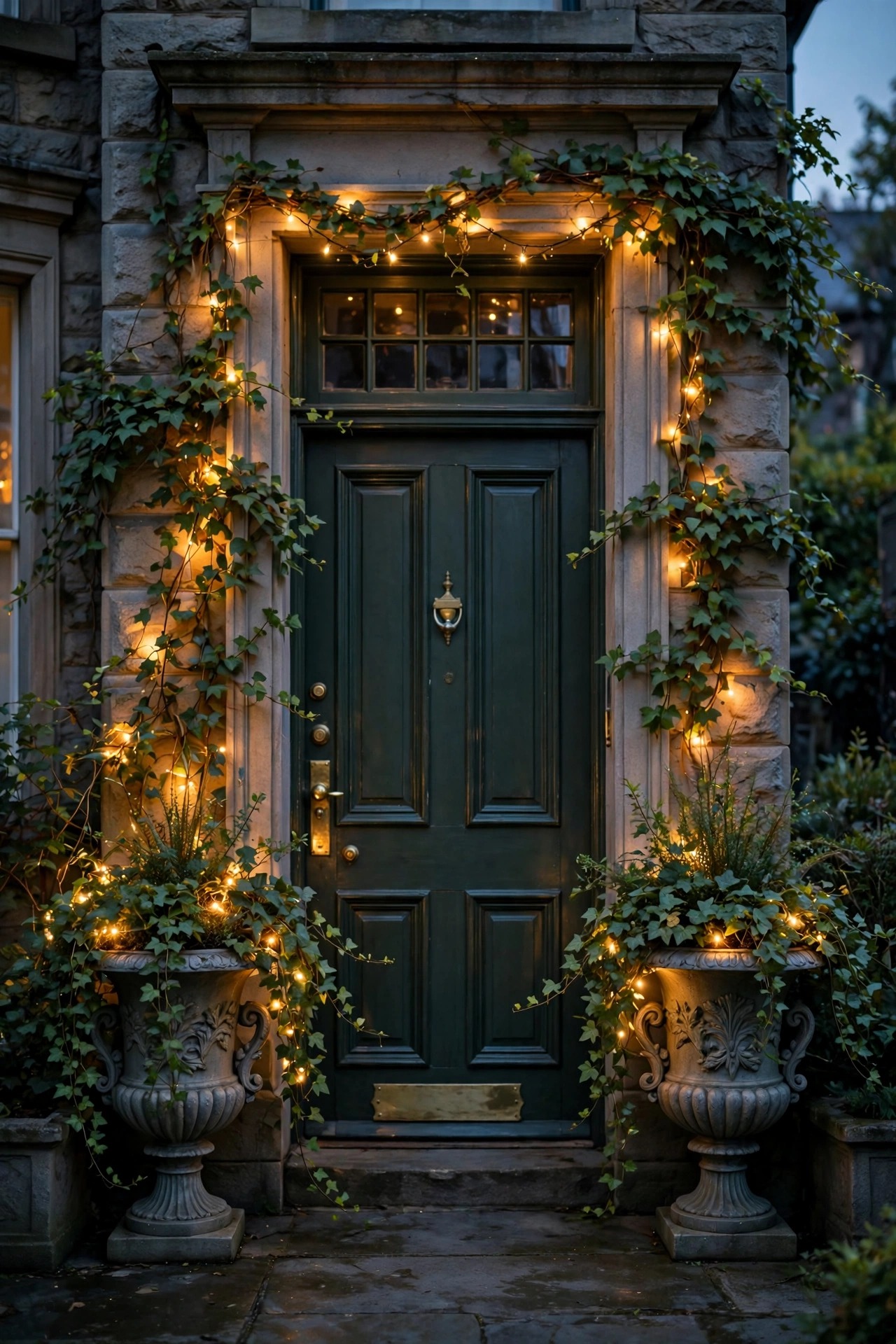Classic Victorian urn planters flanking a front door with fairy lights nested in ivy at dusk
