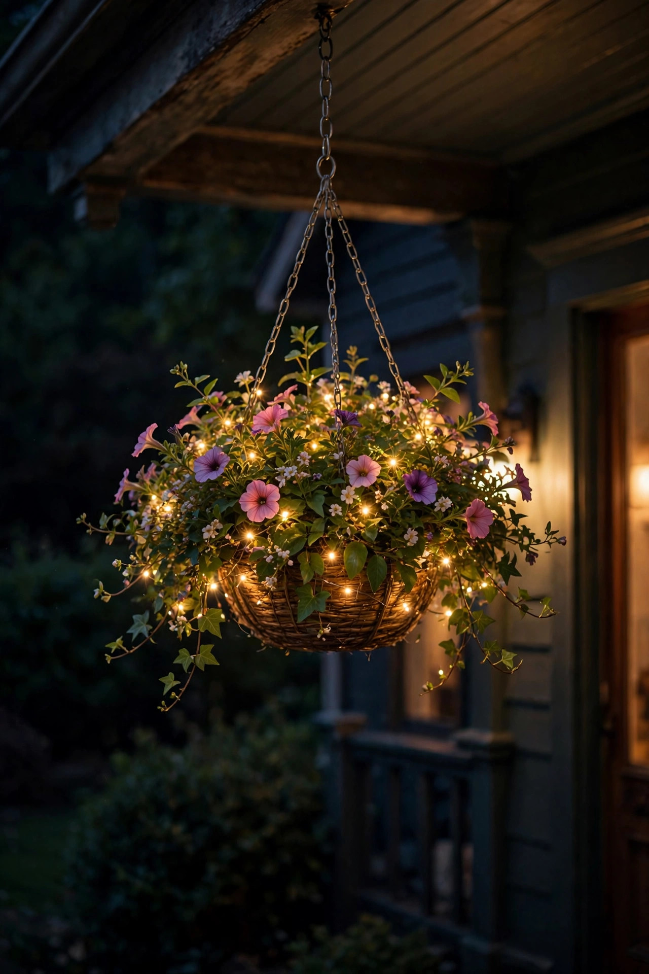 Hanging flower basket with fairy lights threaded through the foliage at night