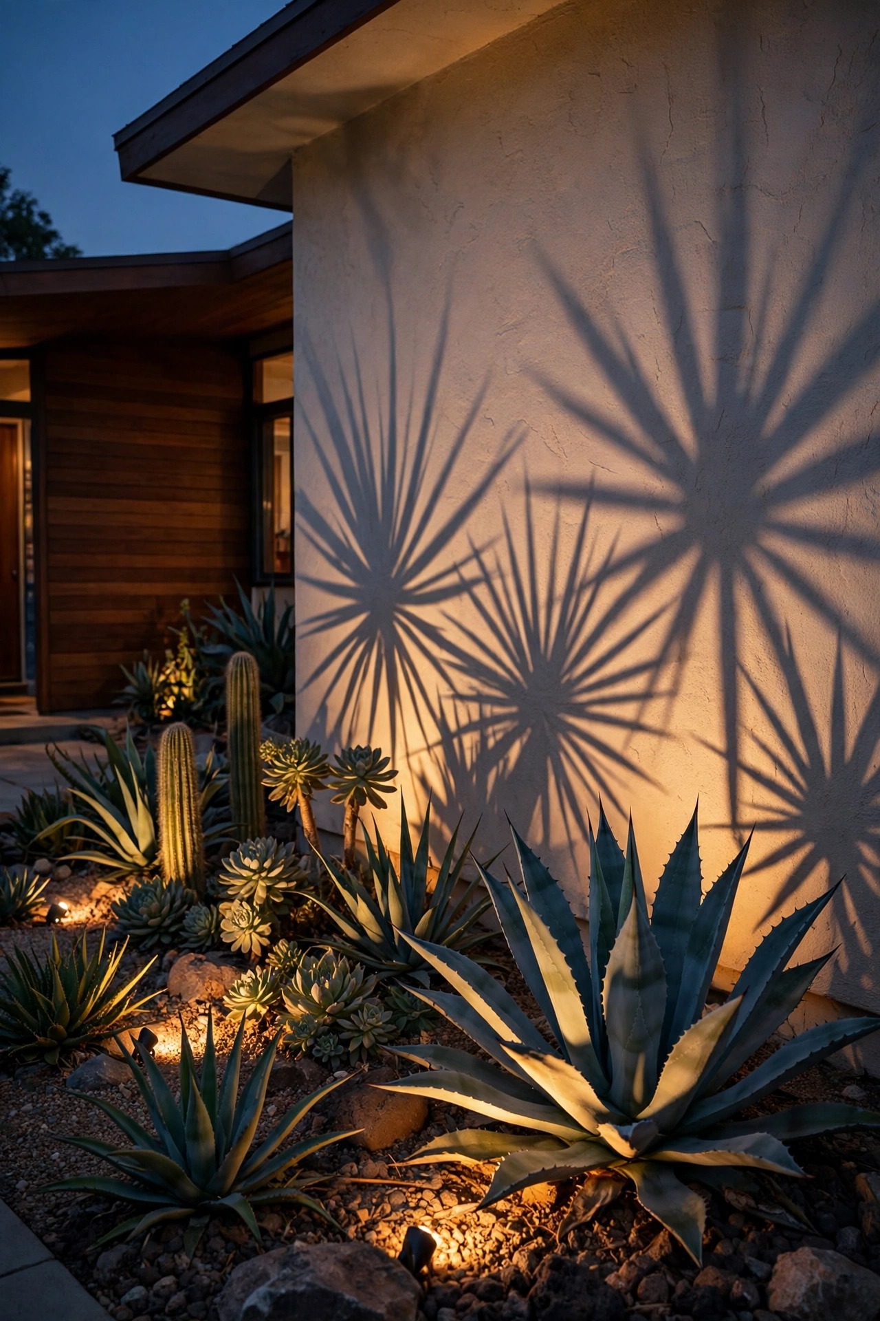 Uplit agave and sculptural plants casting starburst shadows on a stucco wall in a mid-century front yard