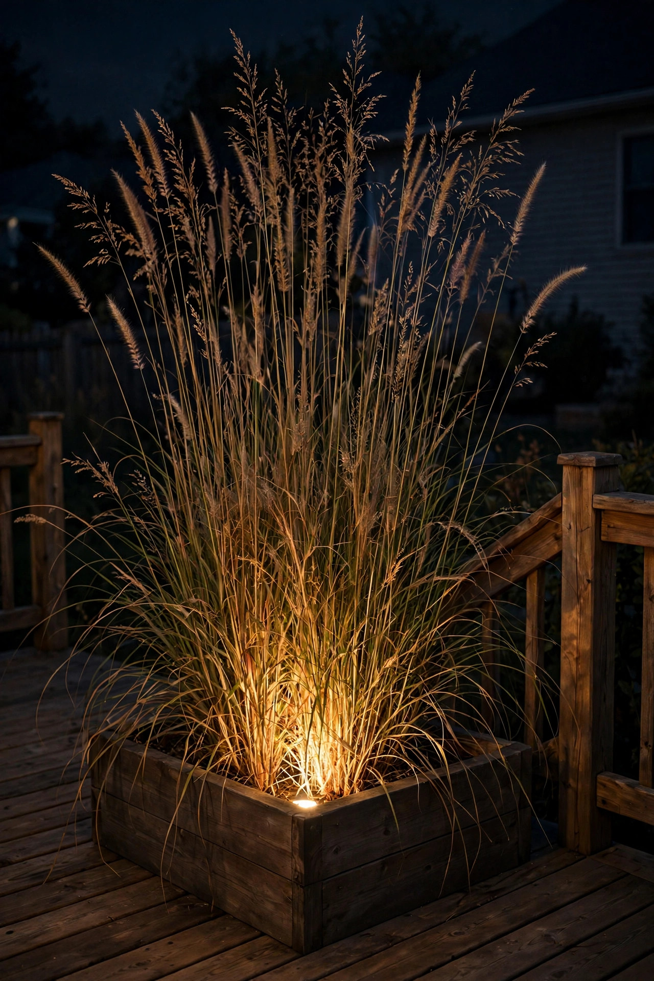 Ornamental grass in a deck planter glowing from a hidden uplight at night