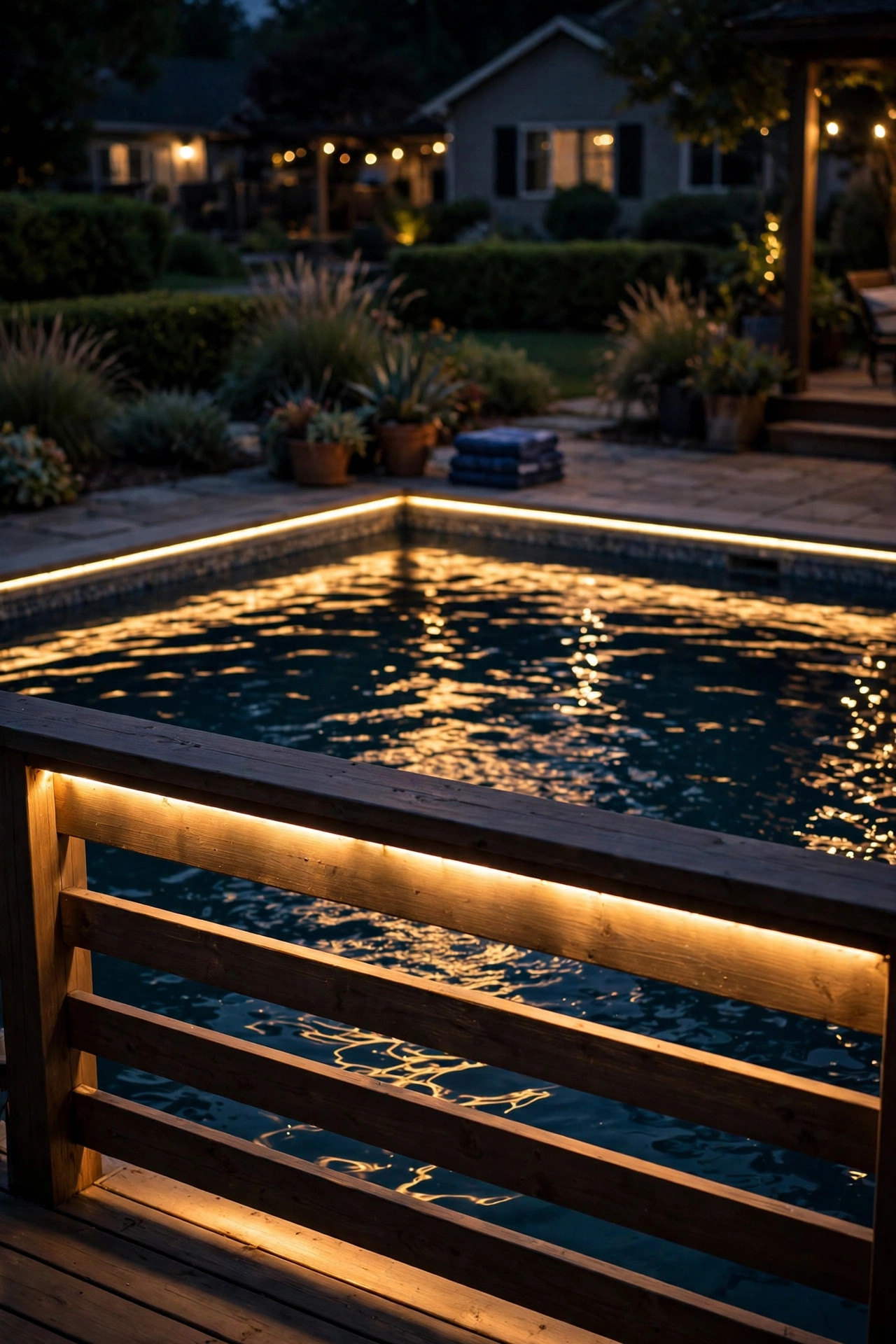 Poolside deck railing with warm under rail LED glow reflecting on pool water at night