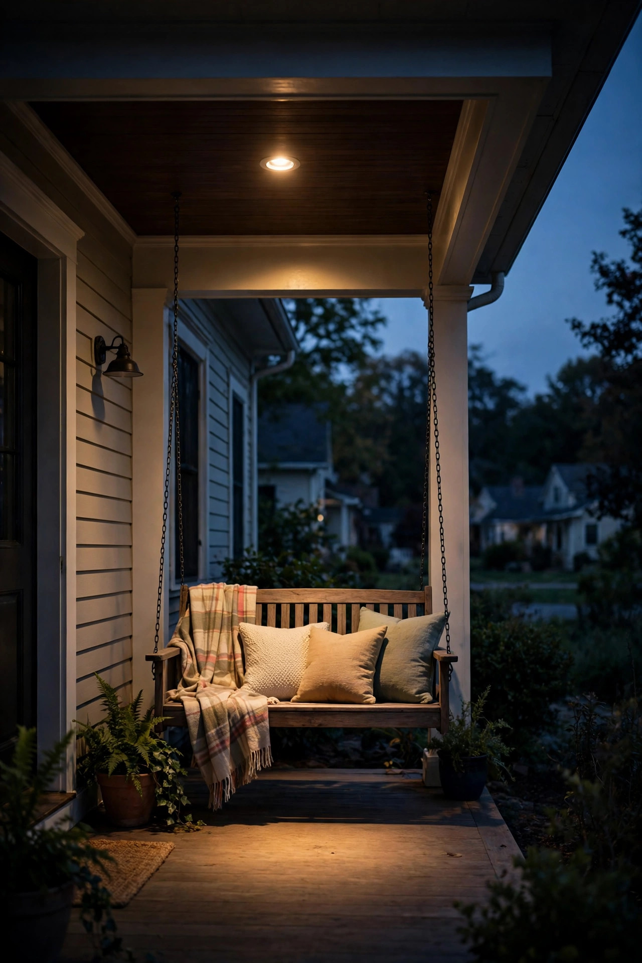 Recessed ceiling downlight washing a soft moonlight pool over a porch swing from the porch ceiling
