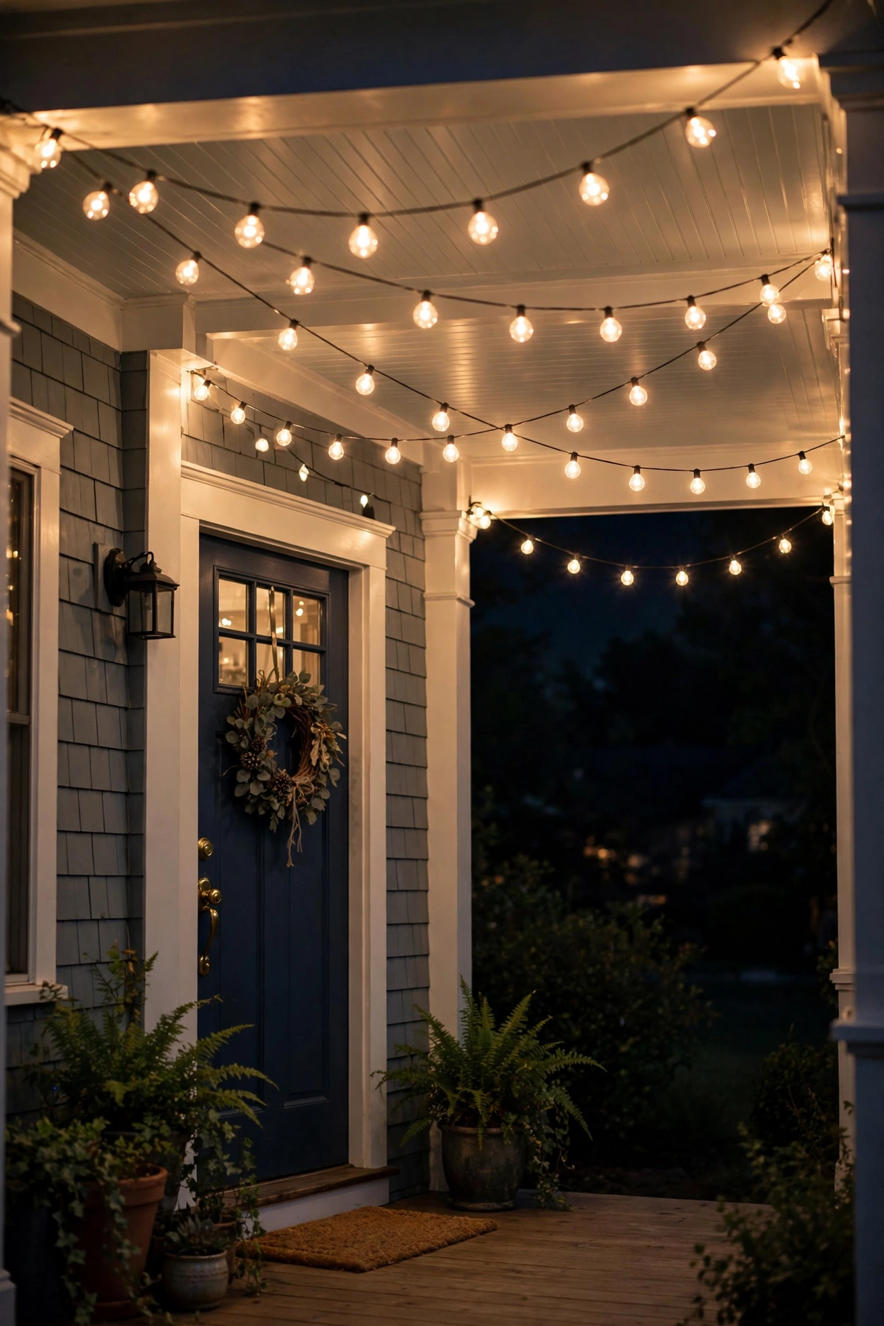 Warm cafe string lights swagged across a small front porch ceiling at night