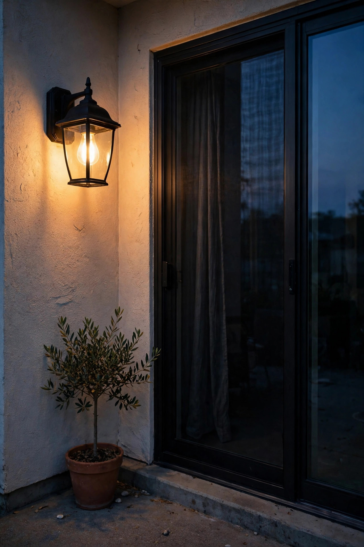 Warm dusk-to-dawn bulb glowing in the existing wall fixture beside an apartment patio door