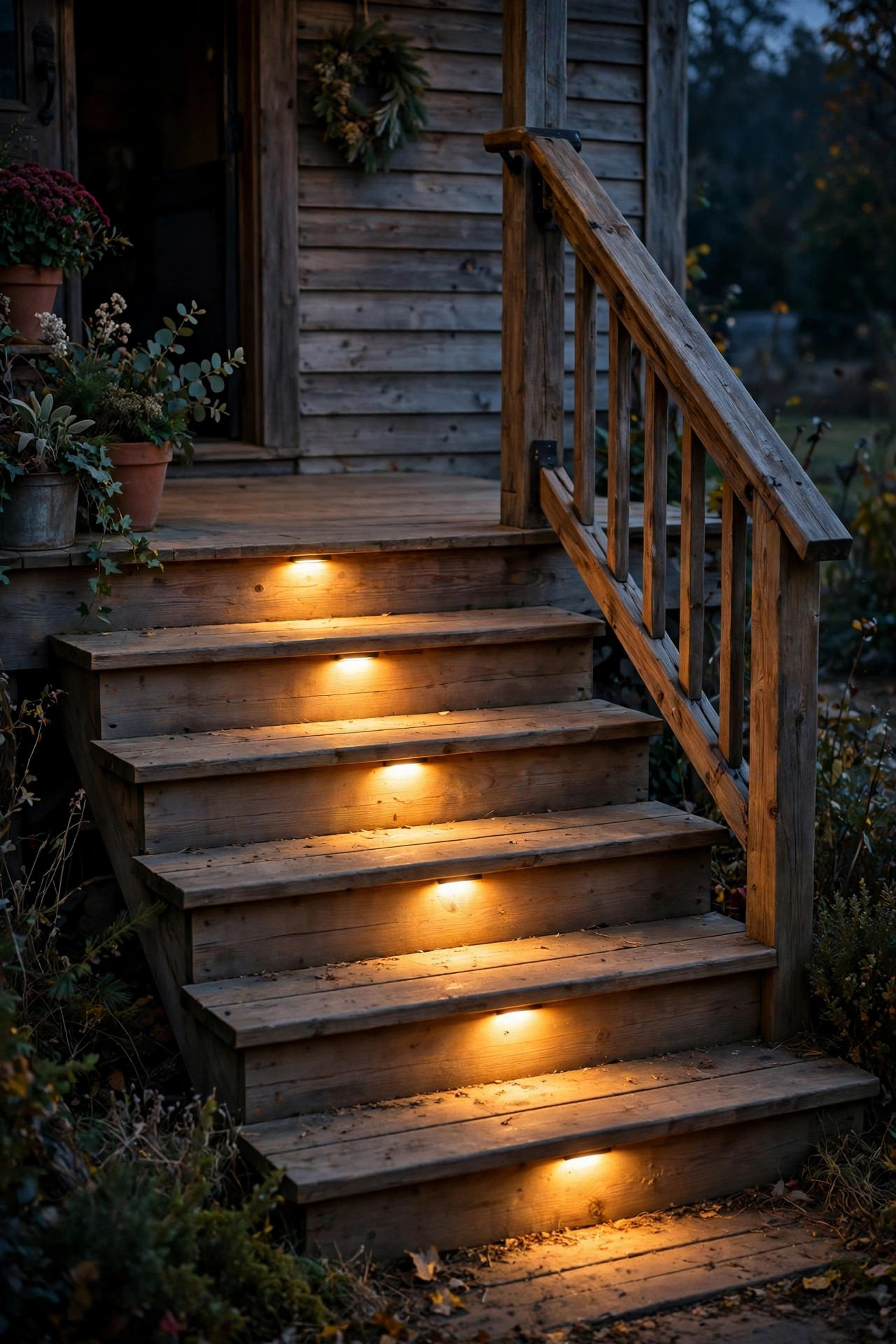 Warm step lights glowing on wooden farmhouse porch steps with a handrail at dusk