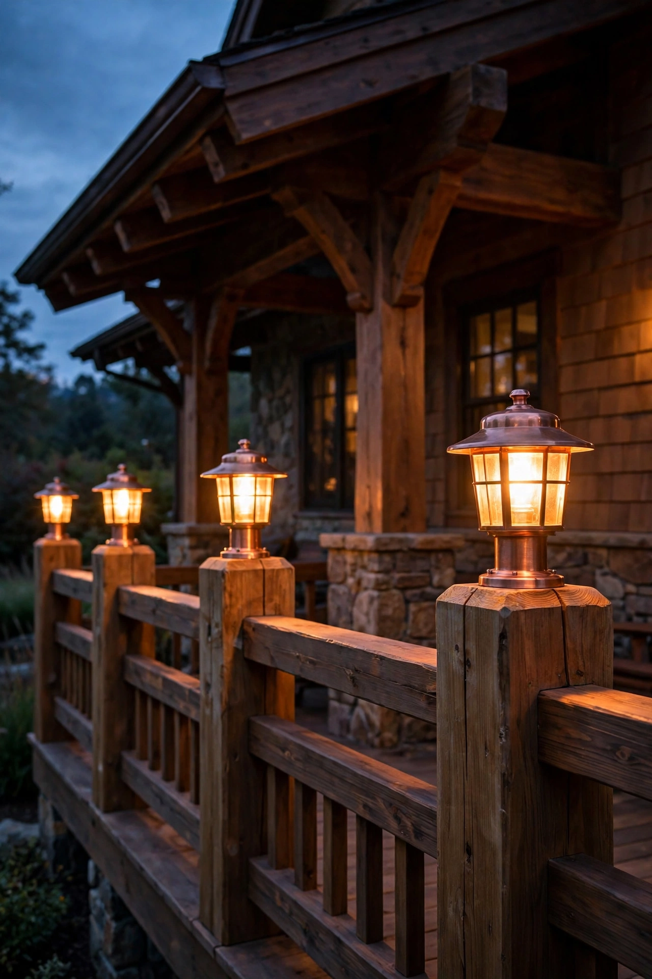 Copper post-cap lights glowing on a craftsman bungalow back porch railing at dusk