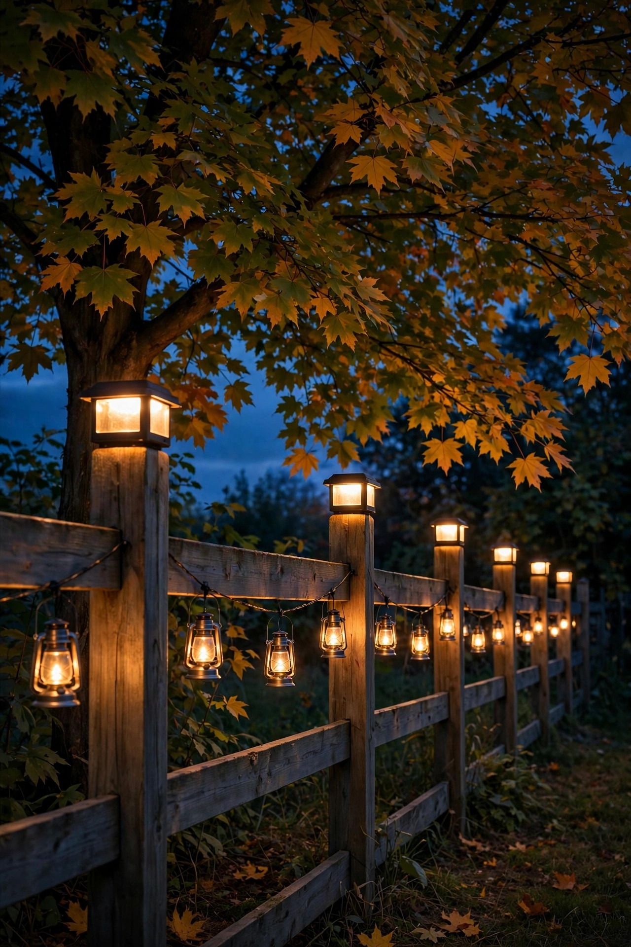 Battery powered post cap lights glowing on shaded fence posts under a large maple tree at dusk
