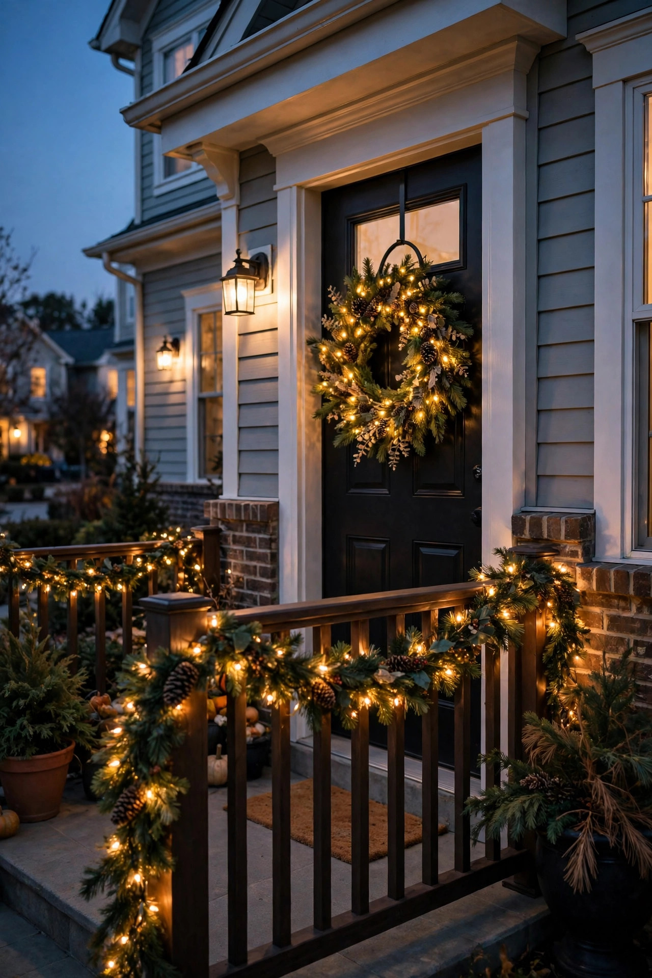 Pre-lit wreath on a townhome front door with matching lighted garland along the porch rail