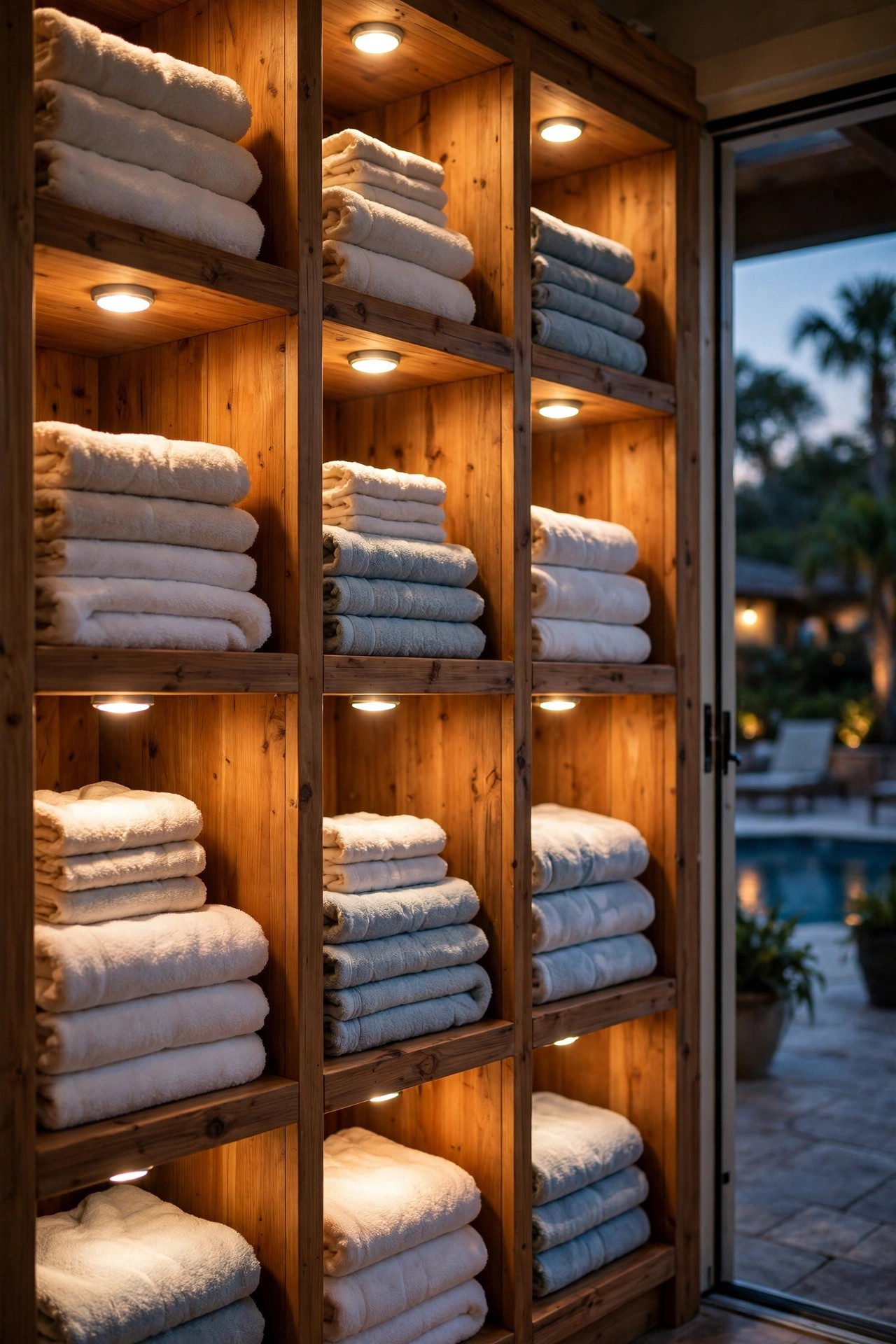 Small puck lights glowing under wooden shelves inside pool house towel cubbies stacked with folded towels