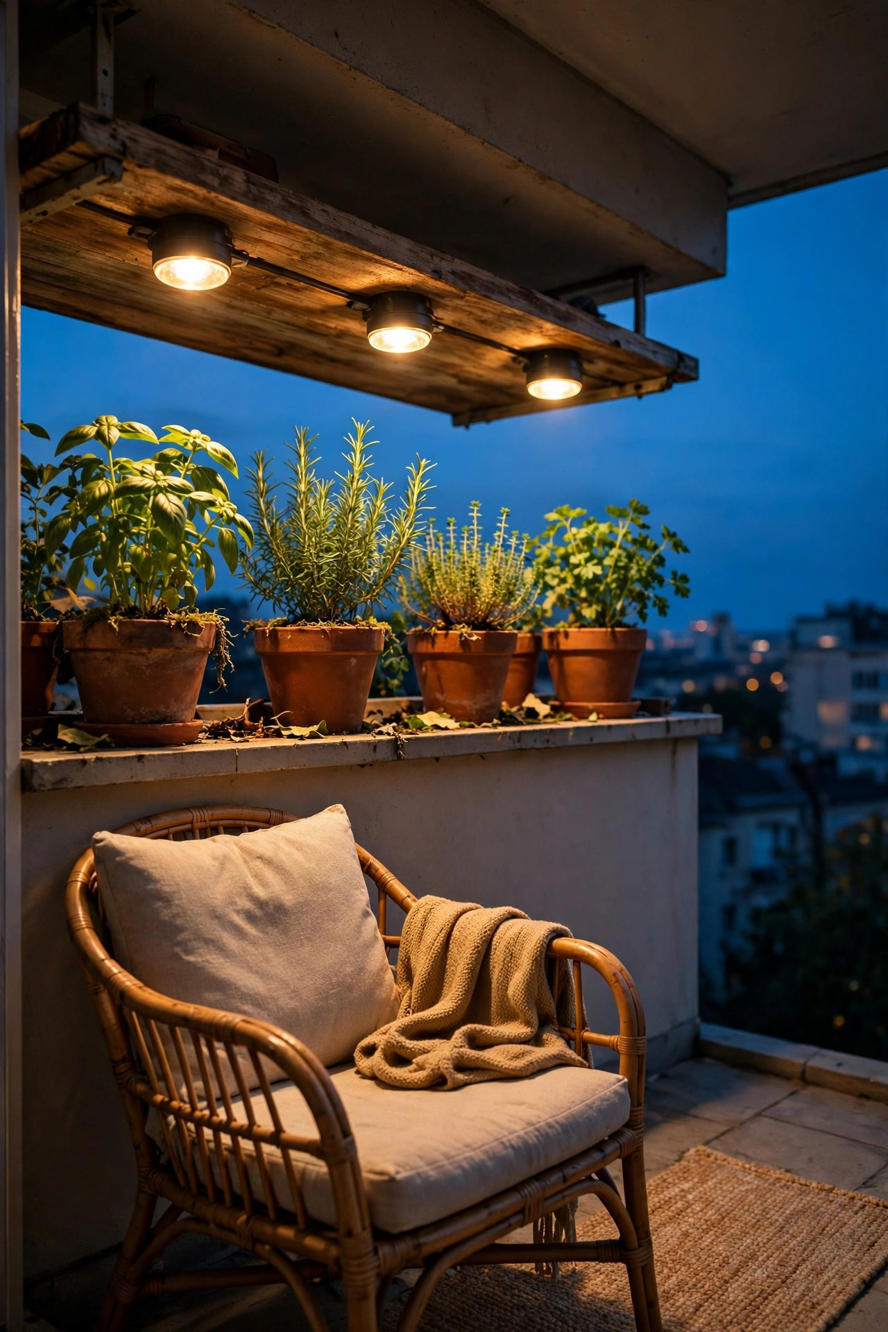 Battery puck lights glowing under an apartment balcony shelf and ledge at dusk, lighting herbs and a reading chair below
