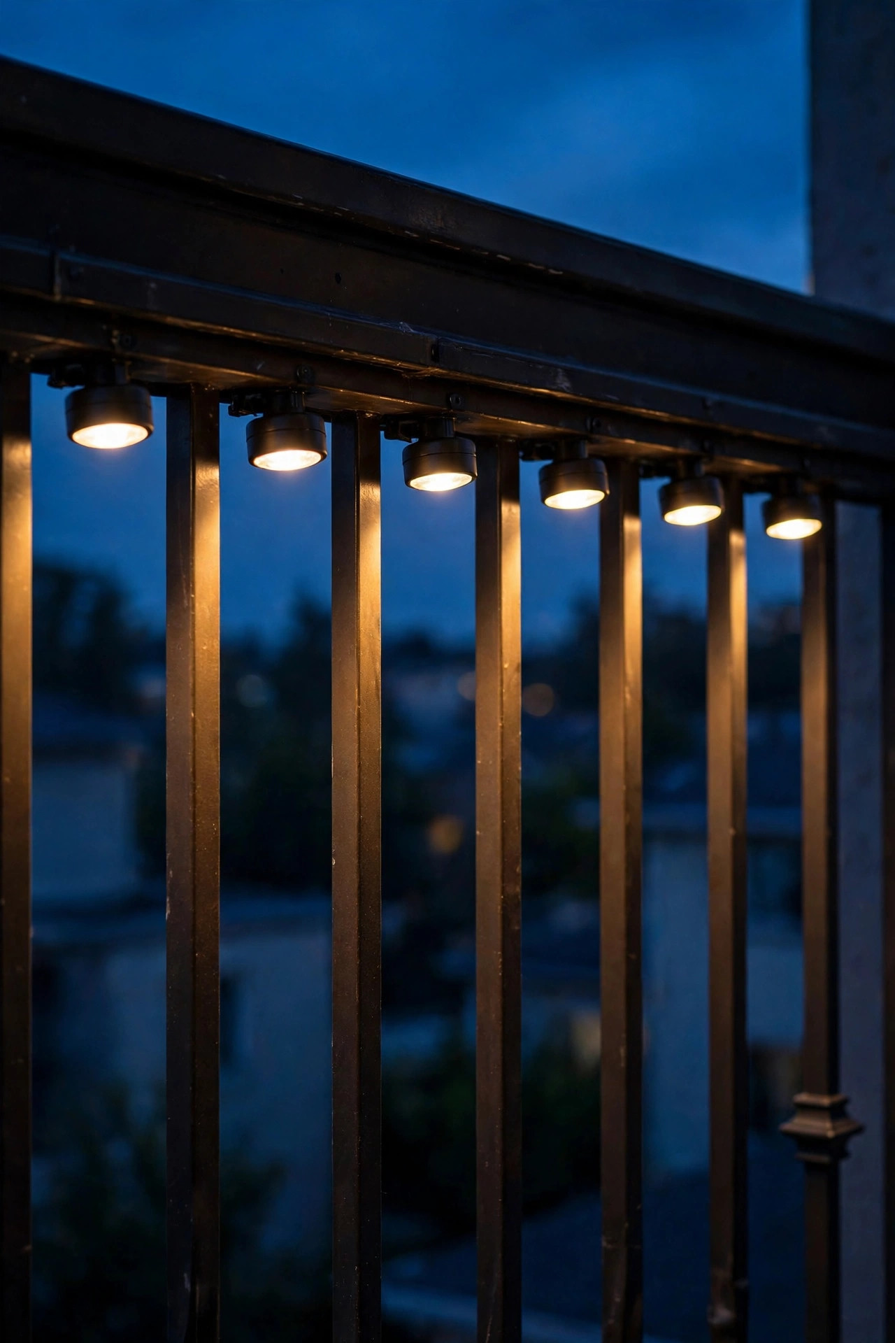 Row of small battery puck lights under a balcony top rail washing warm light down the balusters at dusk