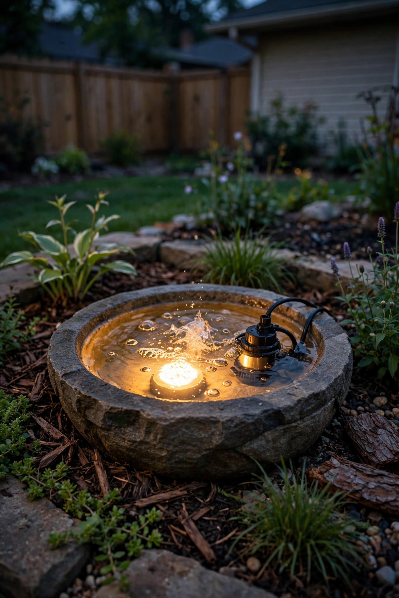 pump and light combo kit installed in a small garden fountain