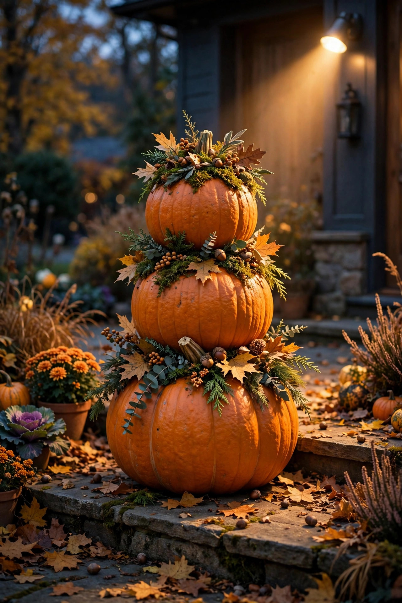 Stacked pumpkin topiary by front steps grazed by a warm spotlight on an autumn evening, seasonal garden focal point